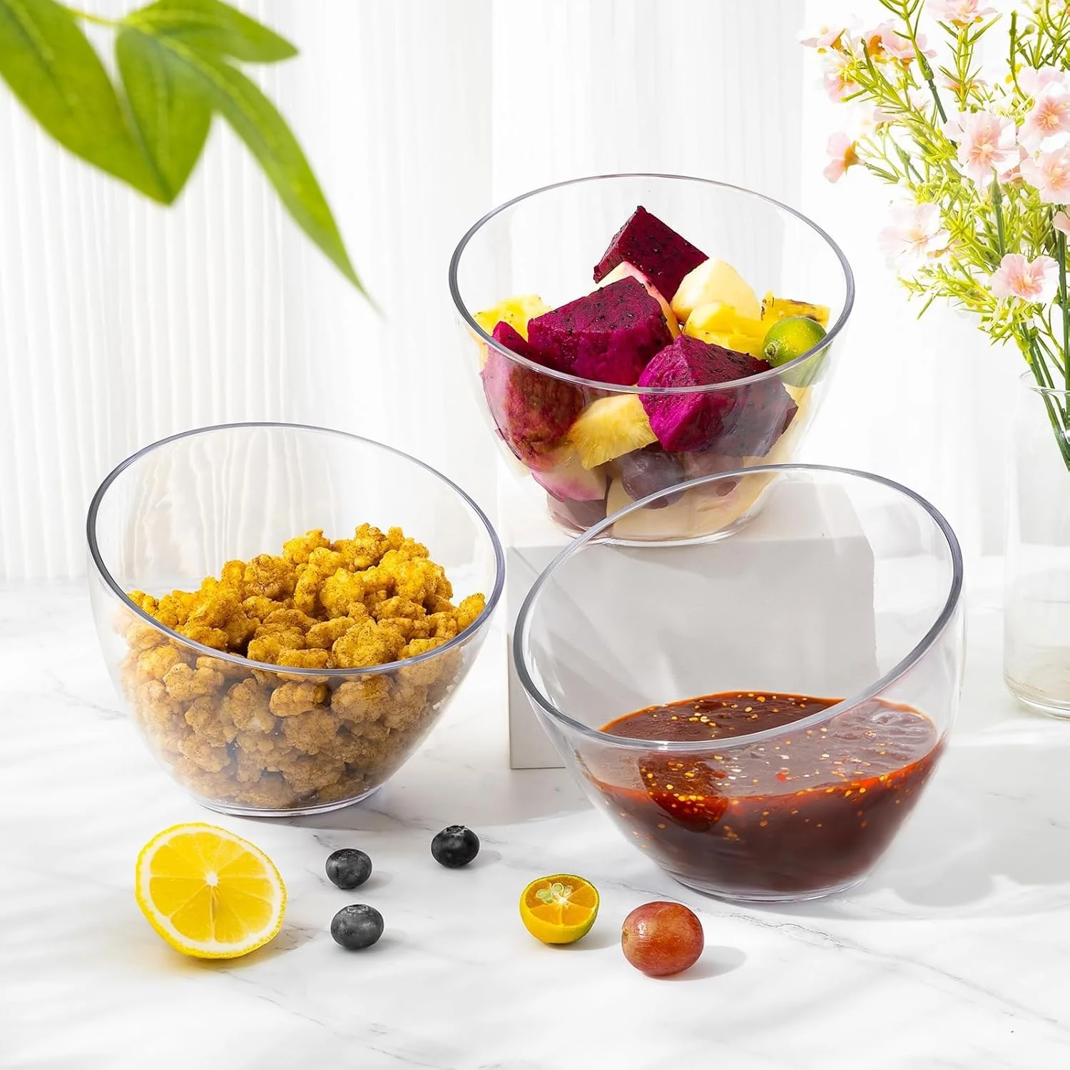 ست 4 عددی کاسه سرو پلاستیکی زاویه دار KASTWAVE، کاسه های سالاد شیب دار شفاف 20 اونسی برای چیپس، سالاد، تنقلات مهمانی، ظروف غذاخوری برای عروسی ها، پذیرایی و جشن تولد