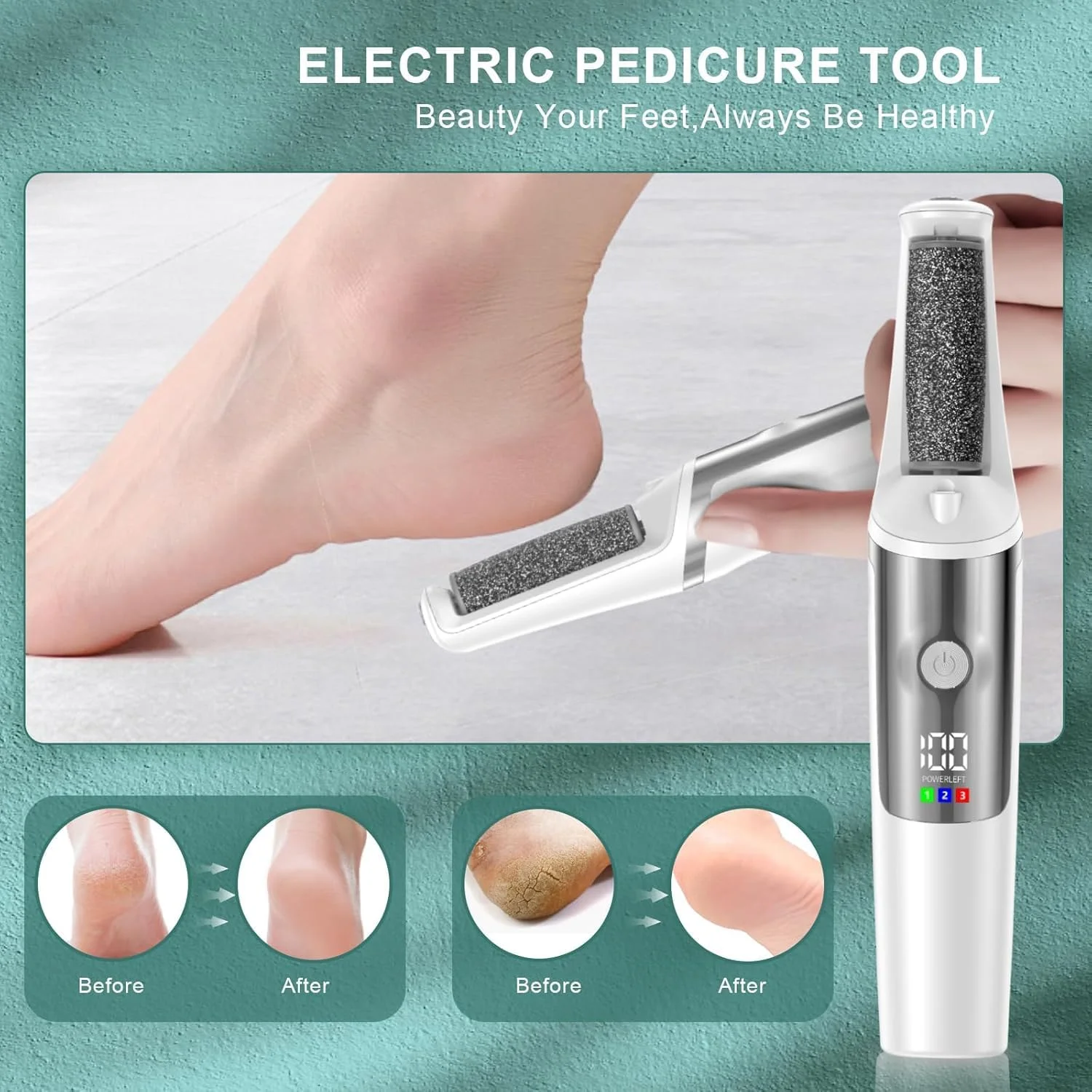 سوهان برقی پا، کیت پدیکور اسکرابر پا الکترونیکی قابل شارژ، ابزار پدیکور حرفه ای، چوب پدیکور صاف، مراقبت از پا برای پوست مرده، هدیه ایده آل، 3 غلتک، 3 سرعت