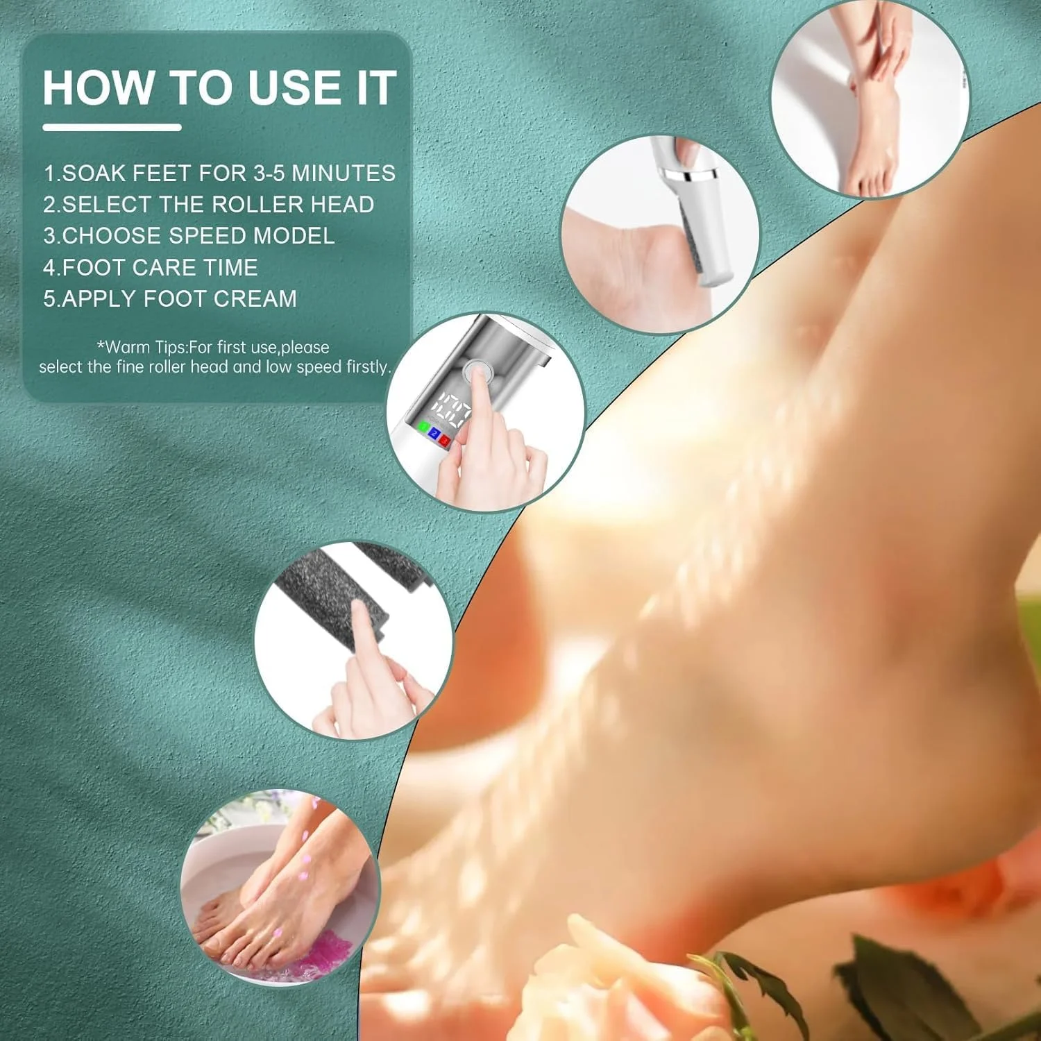 سوهان برقی پا، کیت پدیکور اسکرابر پا الکترونیکی قابل شارژ، ابزار پدیکور حرفه ای، چوب پدیکور صاف، مراقبت از پا برای پوست مرده، هدیه ایده آل، 3 غلتک، 3 سرعت
