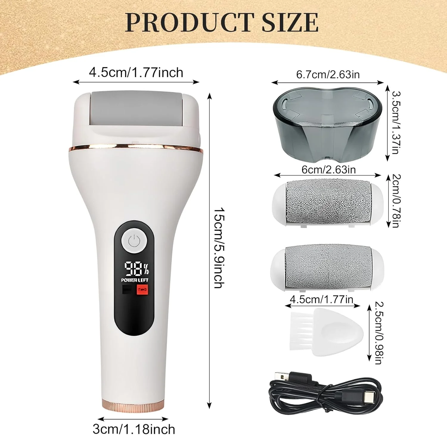 سوهان برقی حرفه ای پا - سوهان برقی پا، ضد آب IPX7، شارژ USB، 2 سرعت، نشانگر LED برای پاشنه های ترک خورده، پوست مرده و مراقبت از پا (سفید)