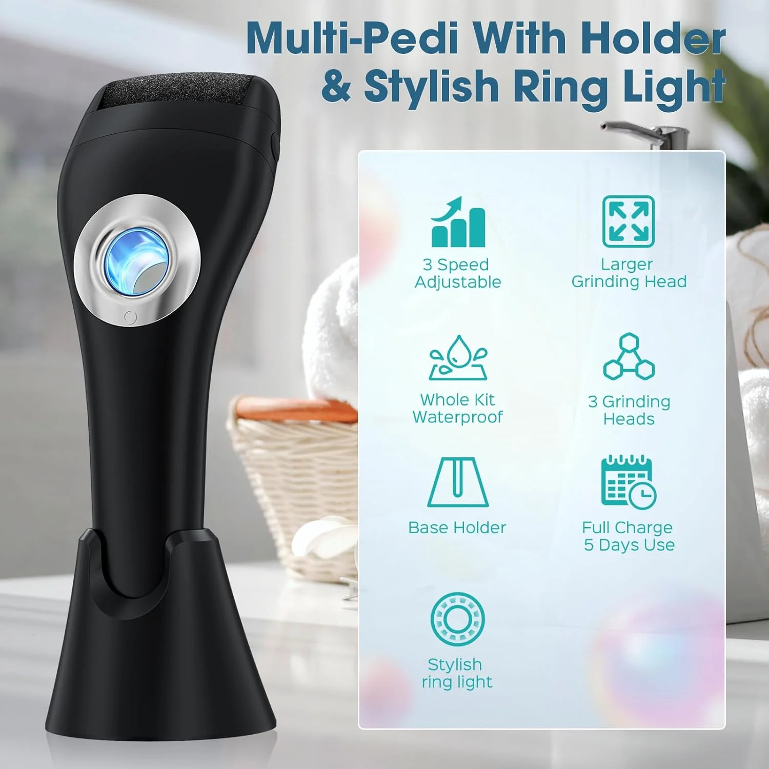 سوهان برقی پدیکور پا دارای چراغ، کیت قابل حمل پدیکور، سوهان پا شارژی ضد آب برای مراقبت از پا، از بین برنده پوست مرده با 3 سری