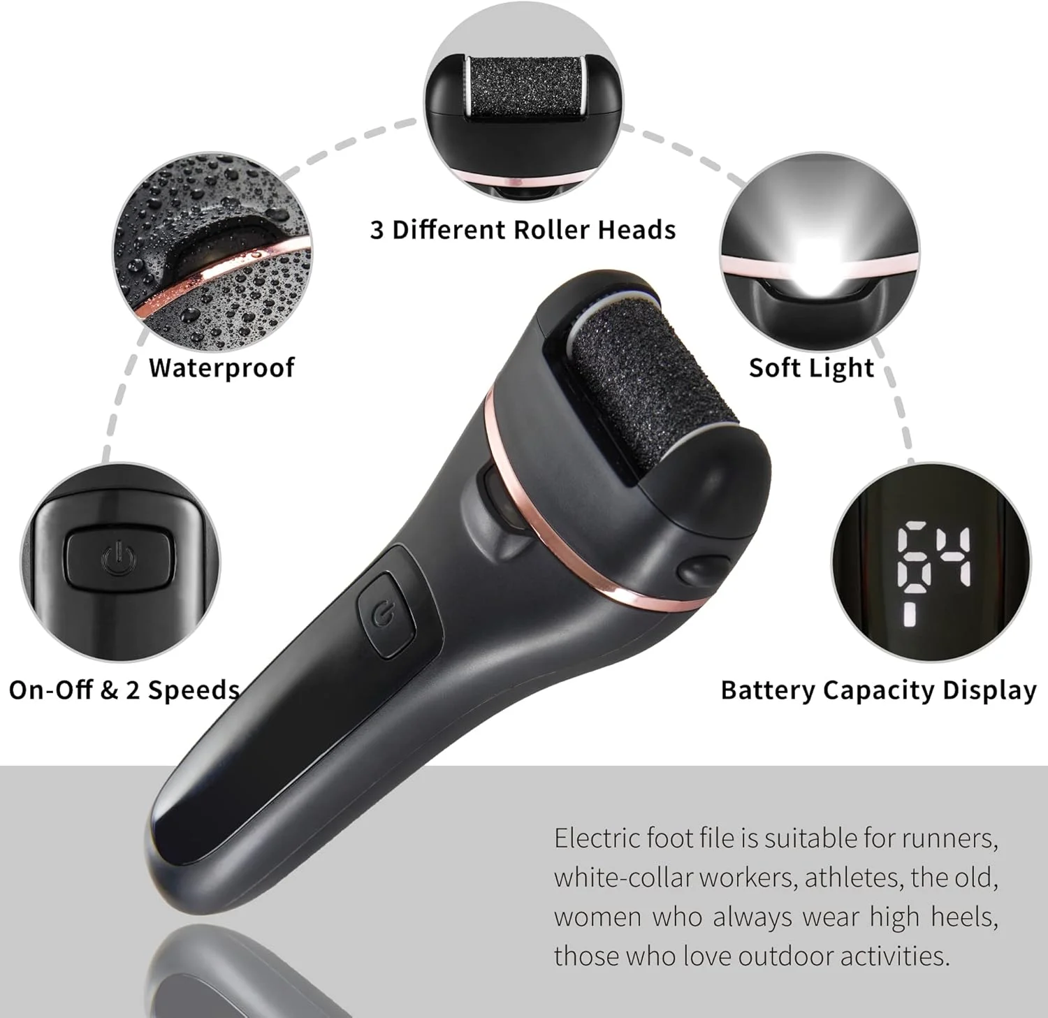 سوهان برقی پا Bemece، کیت حرفه ای پدیکور قابل شارژ و ضد آب با مجموعه ابزار پدیکور 10 در 1 برای پاشنه های ترک خورده، پینه ها و پوست های مرده (مشکی)