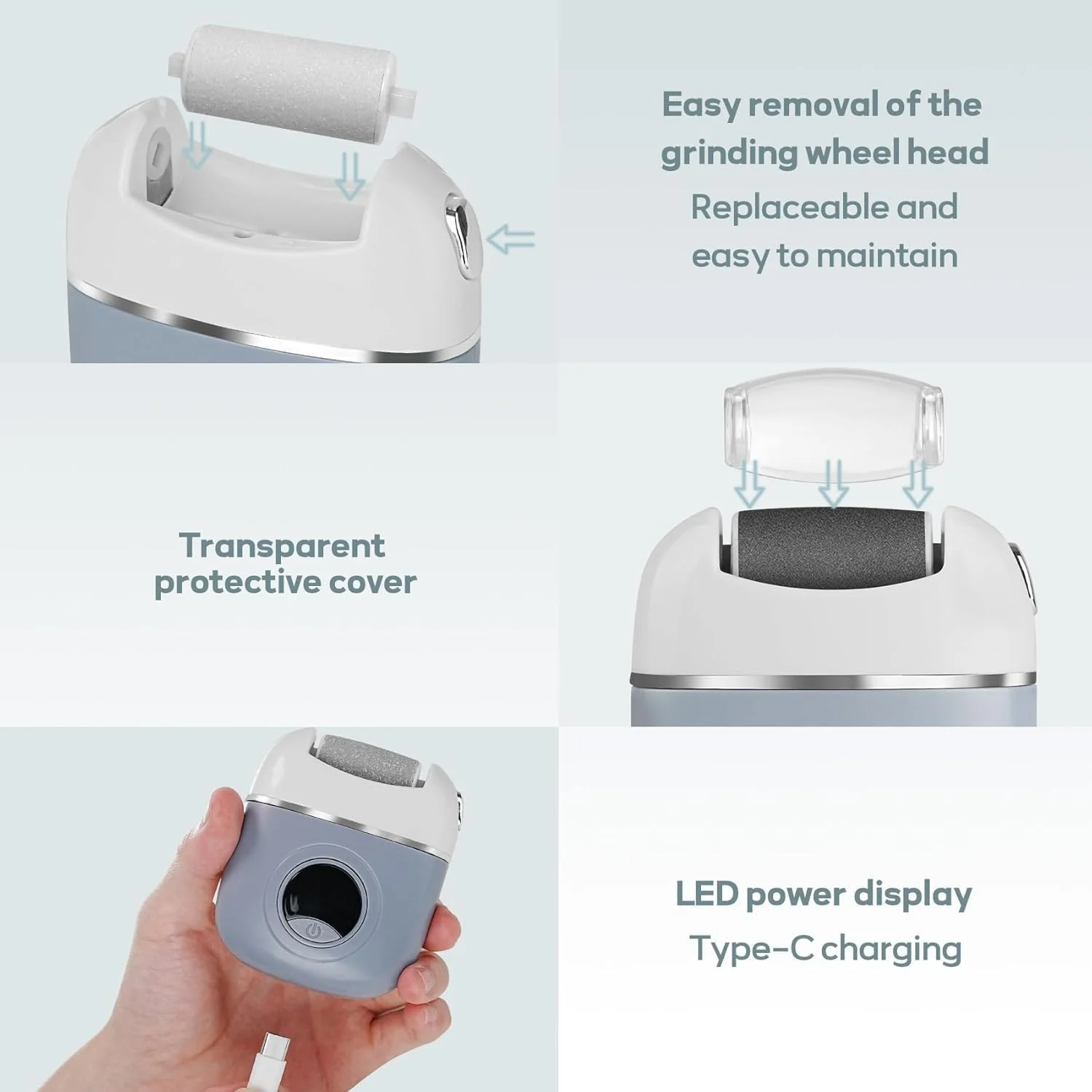 سوهان برقی پا، از بین برنده حرفه ای پینه پا، قابل شارژ USB، ضد آب، از بین برنده پوست سخت پا با 3 غلتک و 2 سرعت، ابزار پدیکور قابل حمل برای پاهای دارای پاشنه ترک خورده (خاکستری)