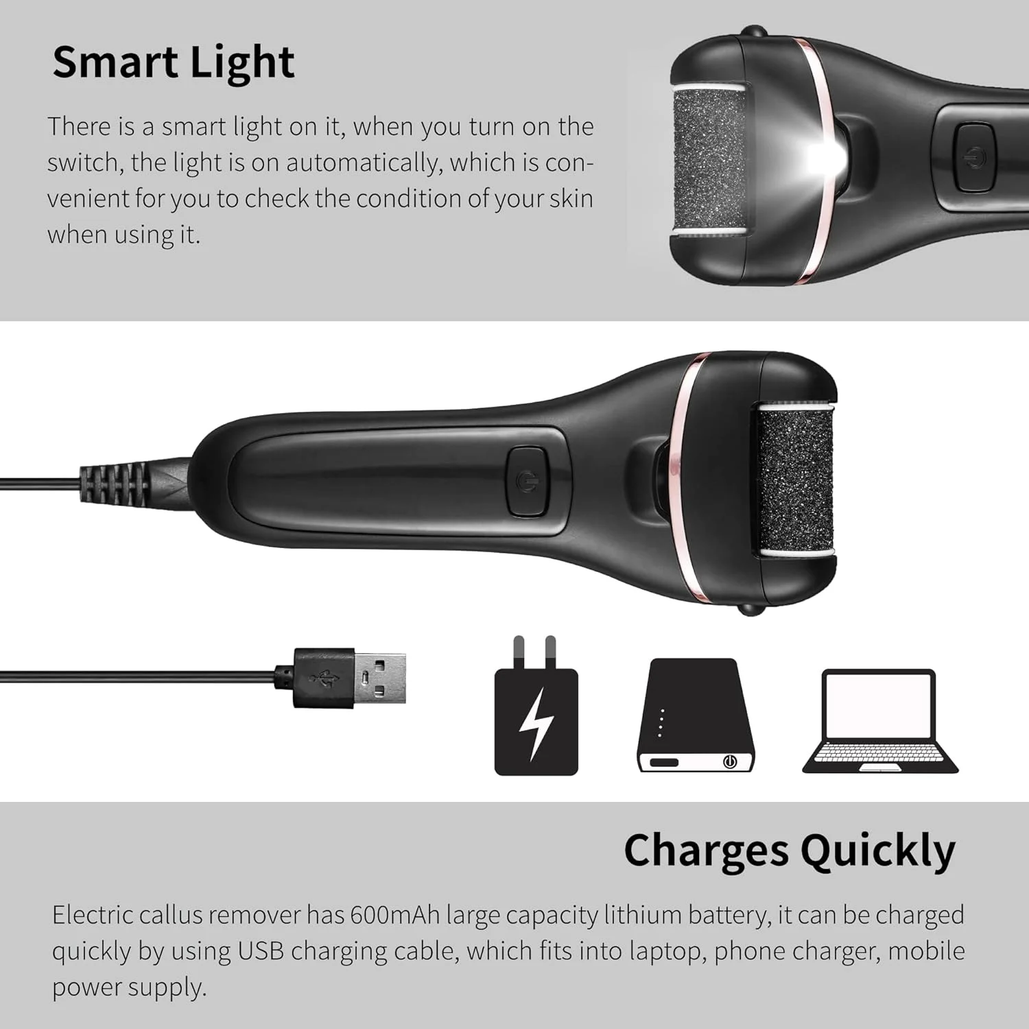 سوهان برقی پا Bemece، کیت حرفه ای پدیکور قابل شارژ و ضد آب با مجموعه ابزار پدیکور 10 در 1 برای پاشنه های ترک خورده، پینه ها و پوست های مرده (مشکی)