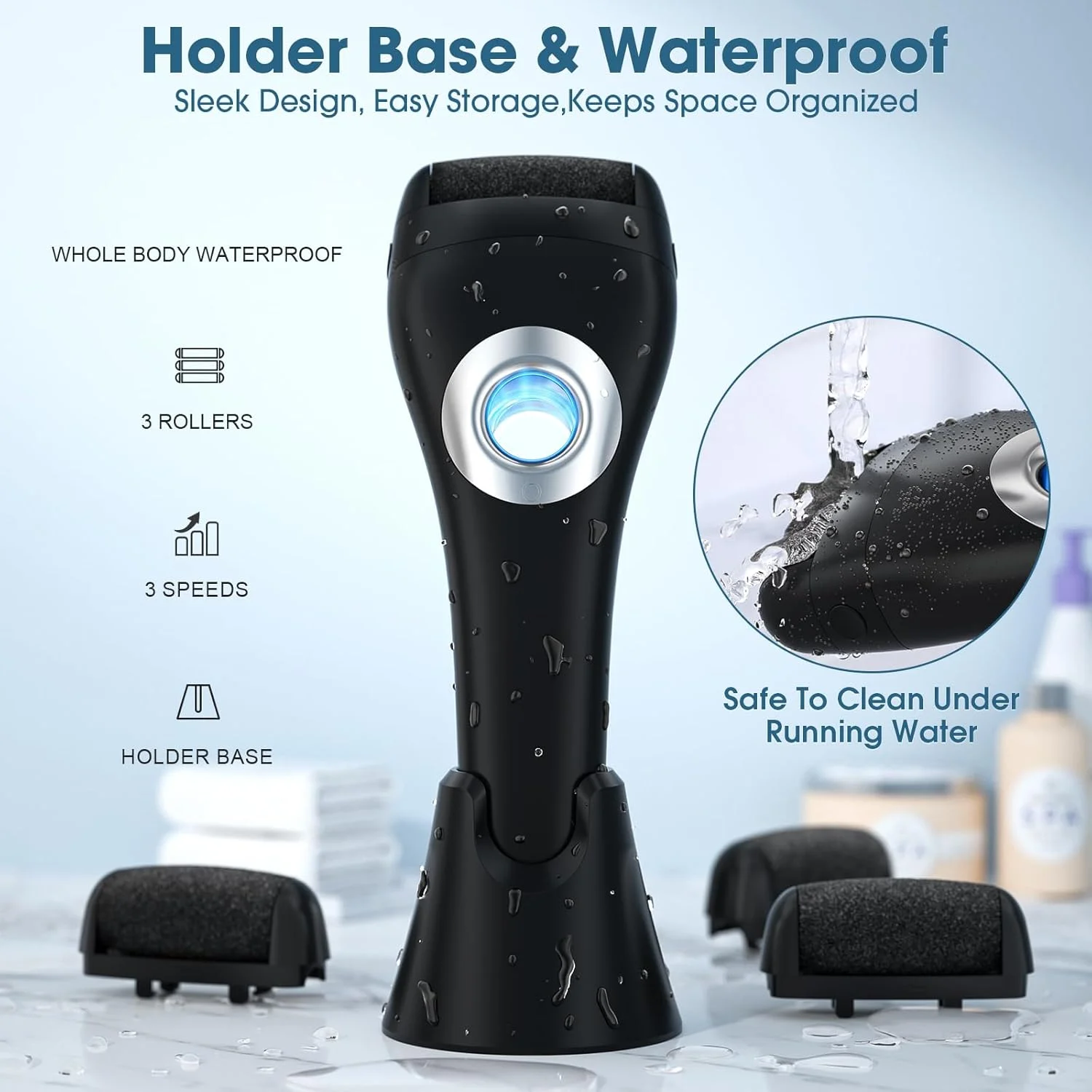 سوهان برقی پدیکور پا دارای چراغ، کیت قابل حمل پدیکور، سوهان پا شارژی ضد آب برای مراقبت از پا، از بین برنده پوست مرده با 3 سری