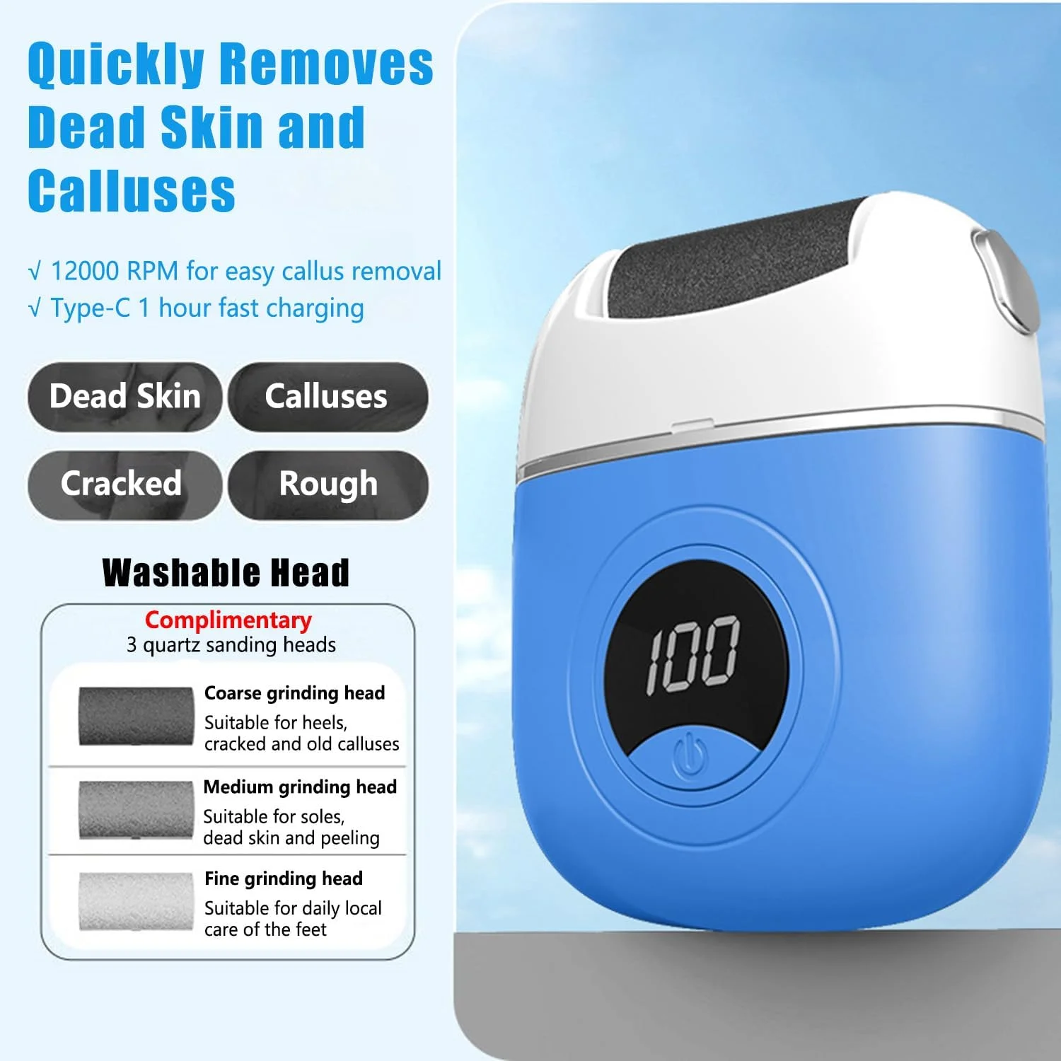 Electric Foot Callus Remover, Portable Electric Foot Files with 3 Heads & 2 Speeds, Rechargeable Foot Grinder, Waterproof Deadskin Remover, Pedicure Tools for Dead, Hard Cracked Dry Skin (Blue)