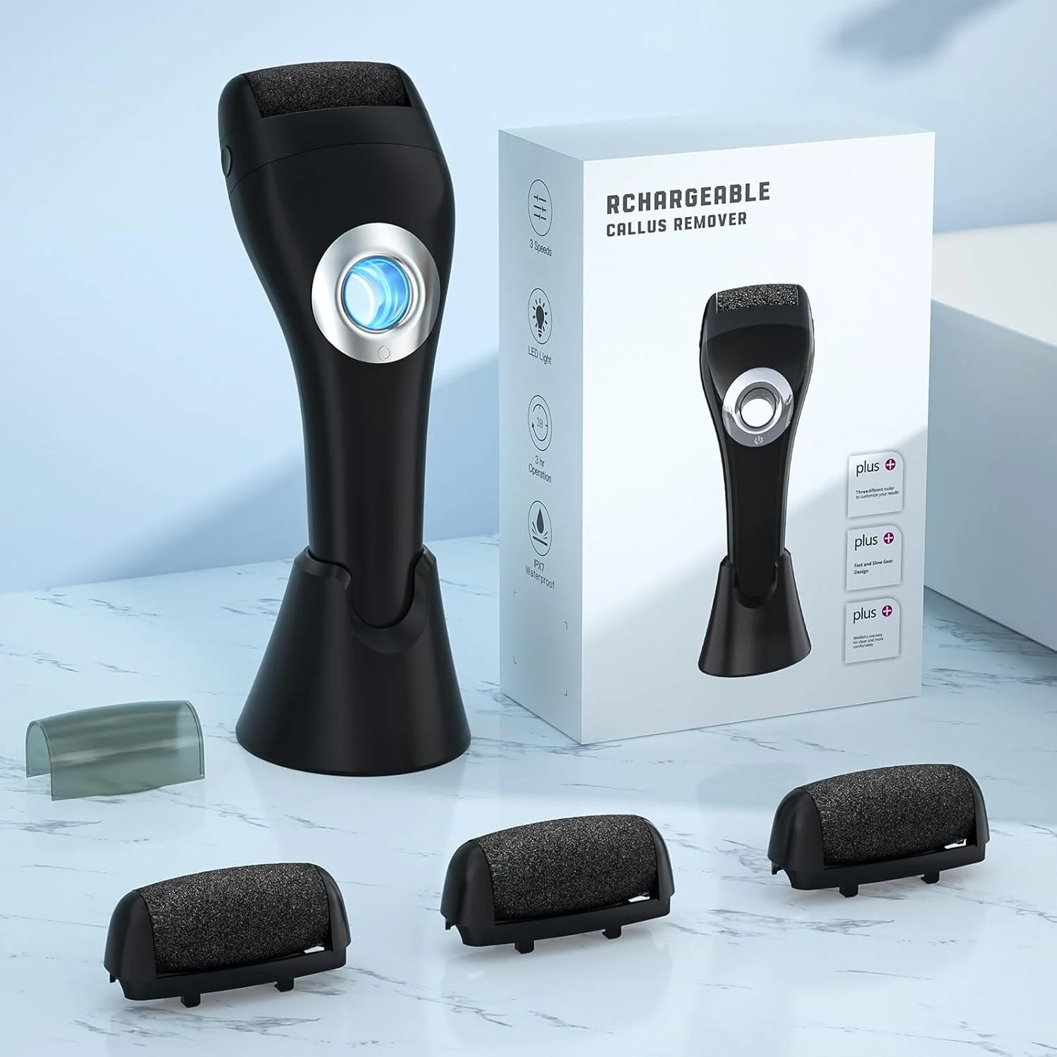 سوهان برقی پدیکور پا دارای چراغ، کیت قابل حمل پدیکور، سوهان پا شارژی ضد آب برای مراقبت از پا، از بین برنده پوست مرده با 3 سری