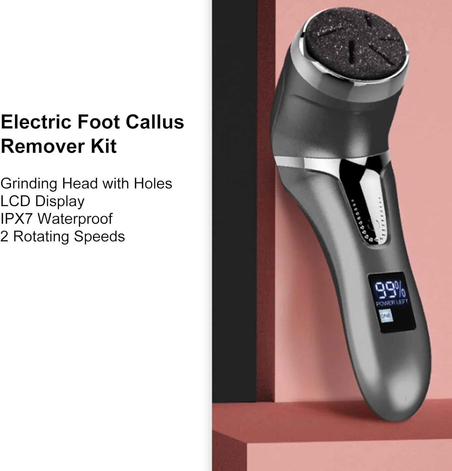 ست از بین برنده پینه برقی پا، سوهان پای قابل حمل، ابزار پدیکور، 3 سر سنگ زنی، 2 سرعته، ضد آب IPX7، صفحه نمایش LCD باتری برای از بین بردن پینه، پاشنه های ترک خورده، پوست سخت، خشک و مرده