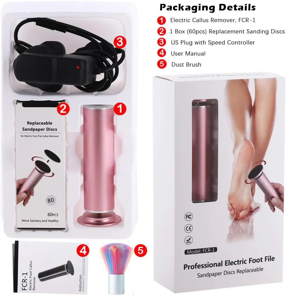 سوهان برقی پینه پا، سوهان برقی قدرتمند با سرعت قابل تنظیم به همراه 60 عدد دیسک سمباده، ابزار پدیکور، اسکرابر پا، سنگ پا برقی