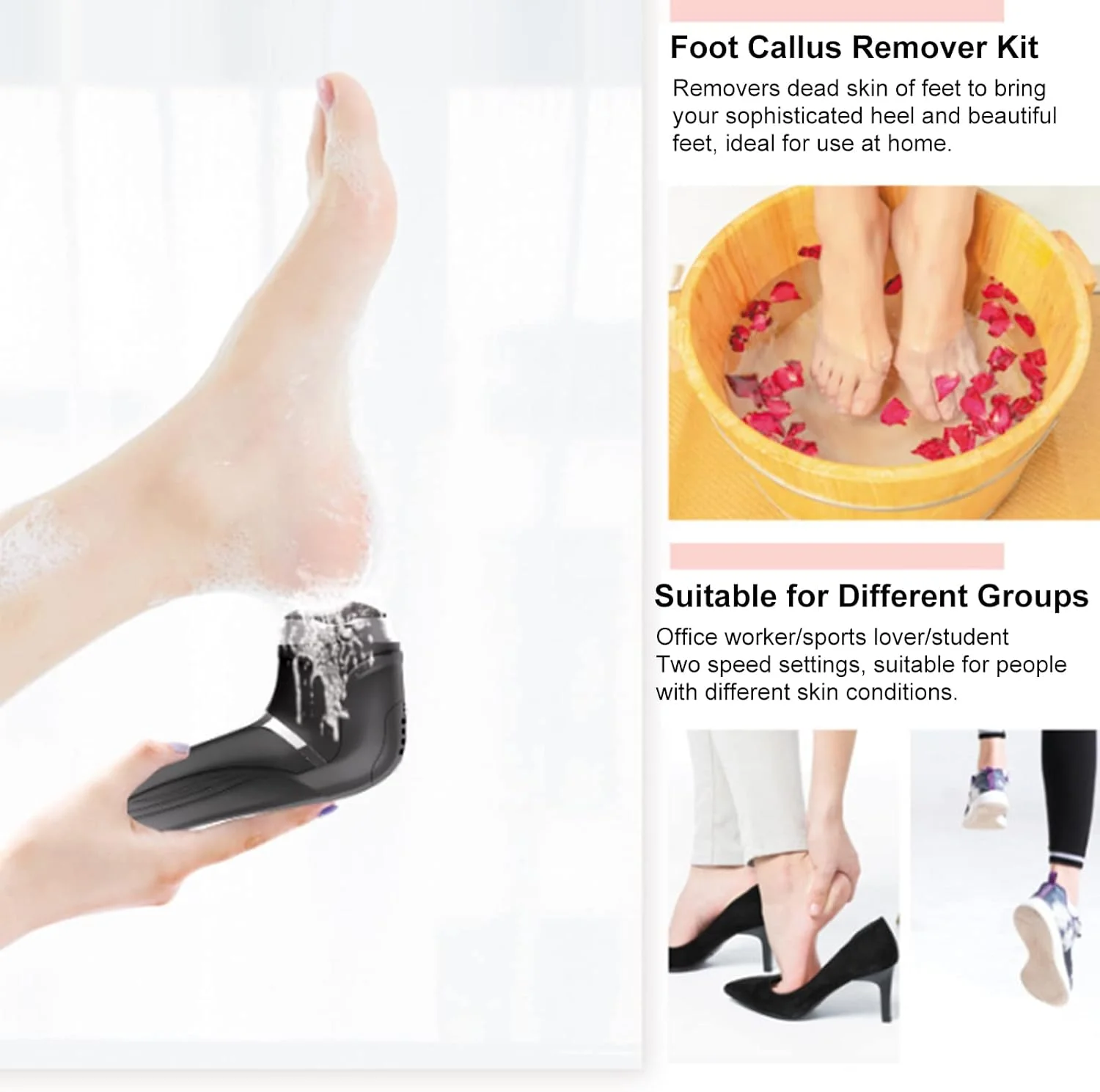 ست از بین برنده پینه برقی پا، سوهان پای قابل حمل، ابزار پدیکور، 3 سر سنگ زنی، 2 سرعته، ضد آب IPX7، صفحه نمایش LCD باتری برای از بین بردن پینه، پاشنه های ترک خورده، پوست سخت، خشک و مرده