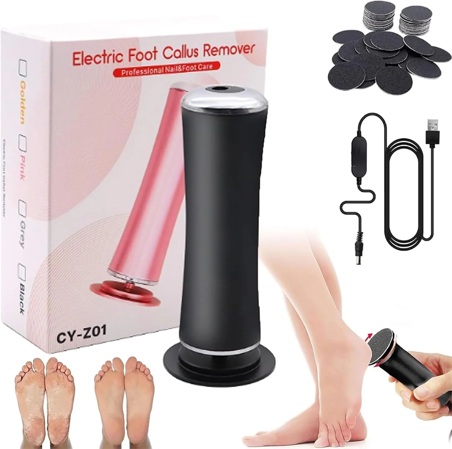 ابزار پدیکور برقی سوهان پا، از بین برنده پینه برقی پا با 60 عدد دیسک سمباده ای قابل تعویض، سمباده برقی پا با سرعت قابل تنظیم، برای پینه های ترک خورده خشک و مرده