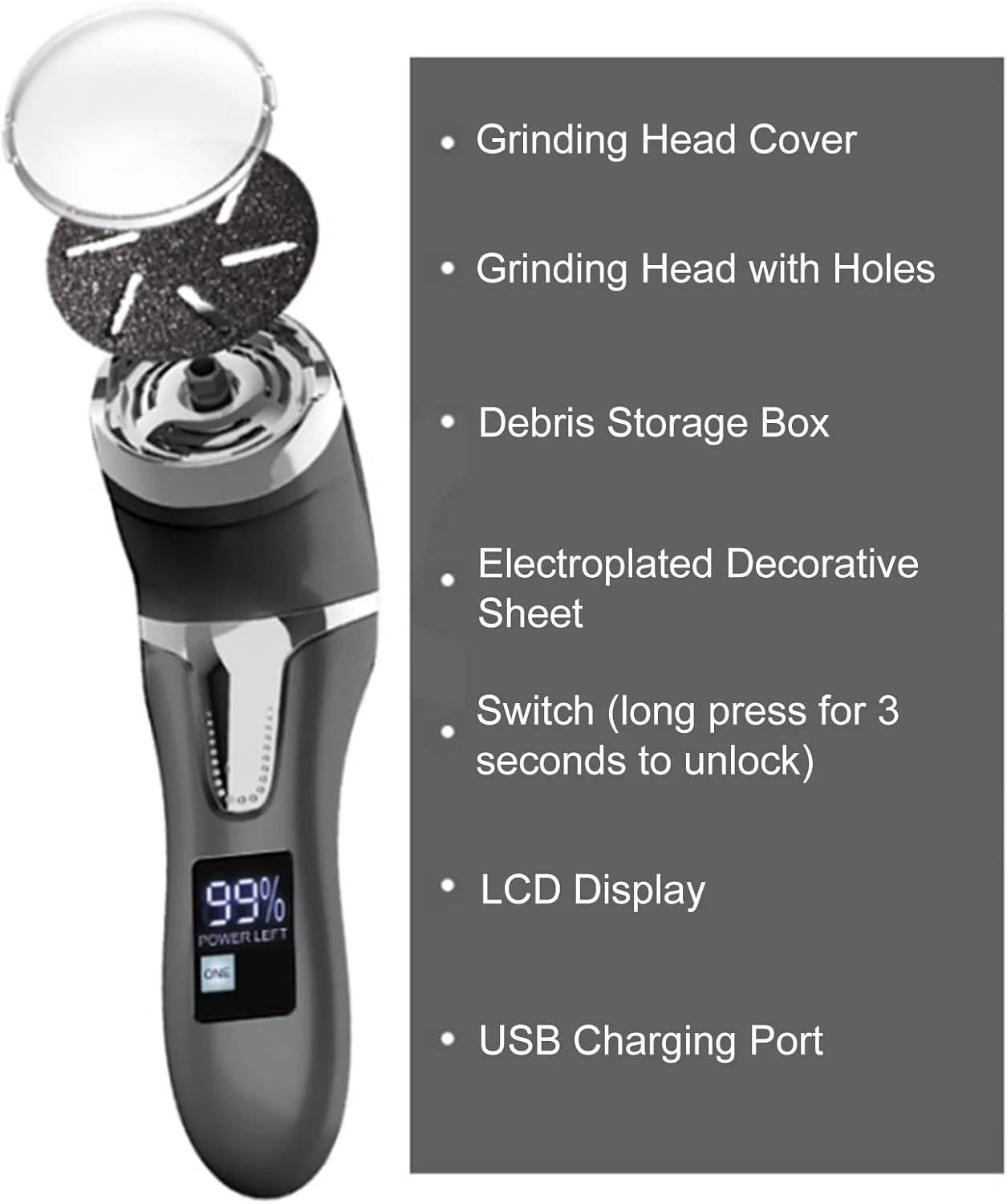 کیت از بین برنده پینه برقی پا، سوهان پای قابل حمل، ابزار پدیکور، 3 سری سنگ زنی، 2 سرعته، ضد آب IPX7، نمایشگر باتری LCD برای پاشنه های ترک خورده، پینه ها، پوست سخت خشک و مرده