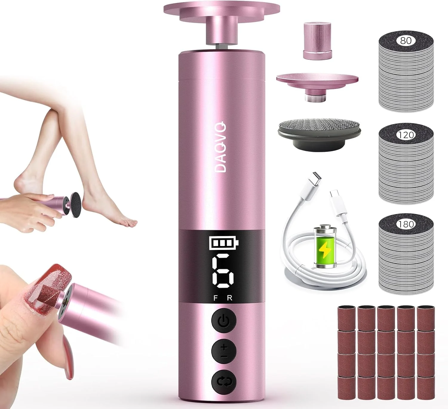 سوهان برقی پدیکور پا با سر نانو شیشه ای و 60 عدد دیسک سمباده (3 سایز)، سوهان برقی 2 در 1 آلومینیومی بدون سیم برای مراقبت از پا و ناخن، ابزار پدیکور با سرعت قابل تنظیم برای پوست های مرده - صورتی