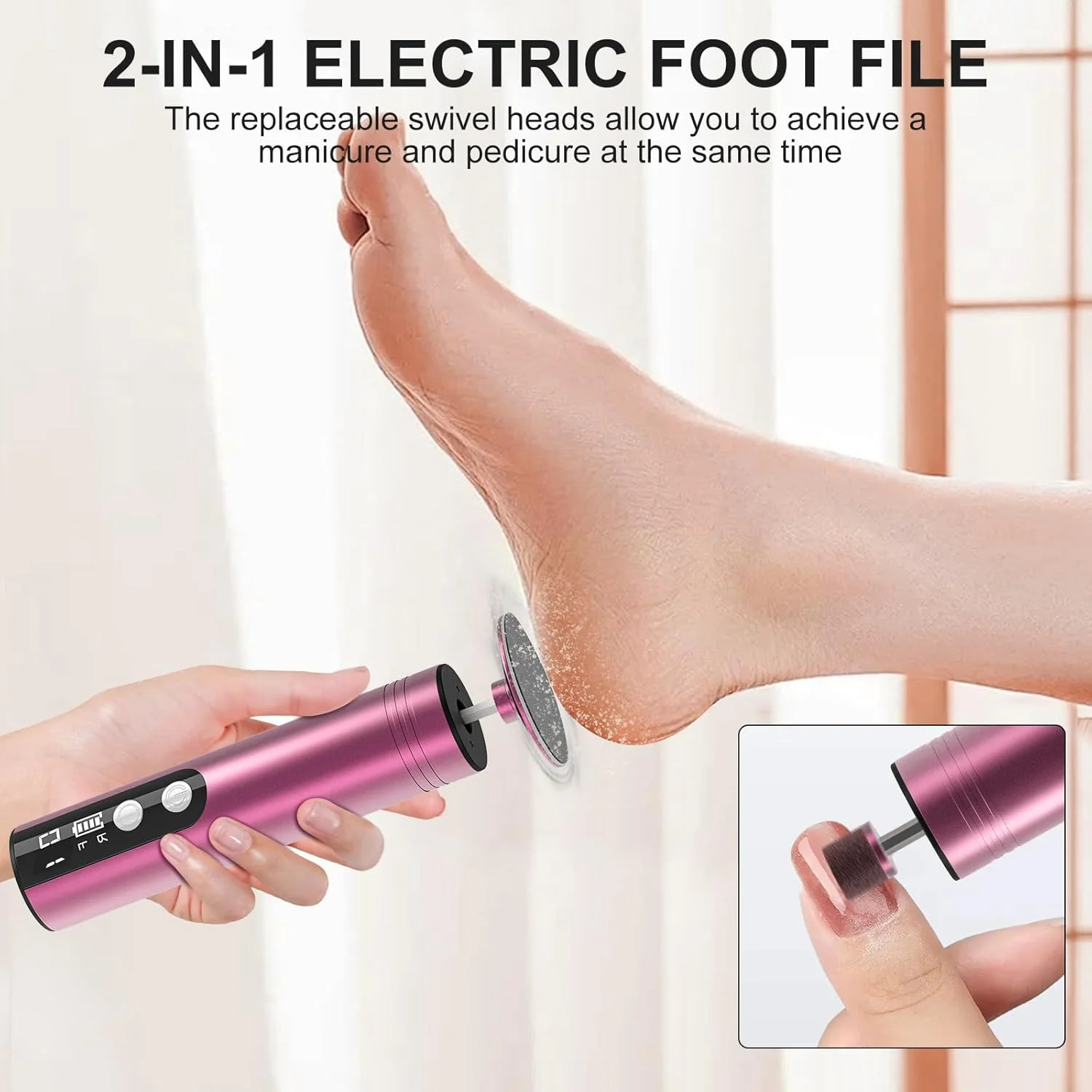 سوهان برقی پا، از بین برنده پوست سخت، 2 در 1، از بین برنده پینه پا و آسیاب ناخن برقی، ابزار پدیکور، سمباده پا برای پوست خشک و مرده، پاشنه های ترک خورده و پینه ها، 9 سرعت قابل تنظیم، 2000 میلی آمپر قابل شارژ