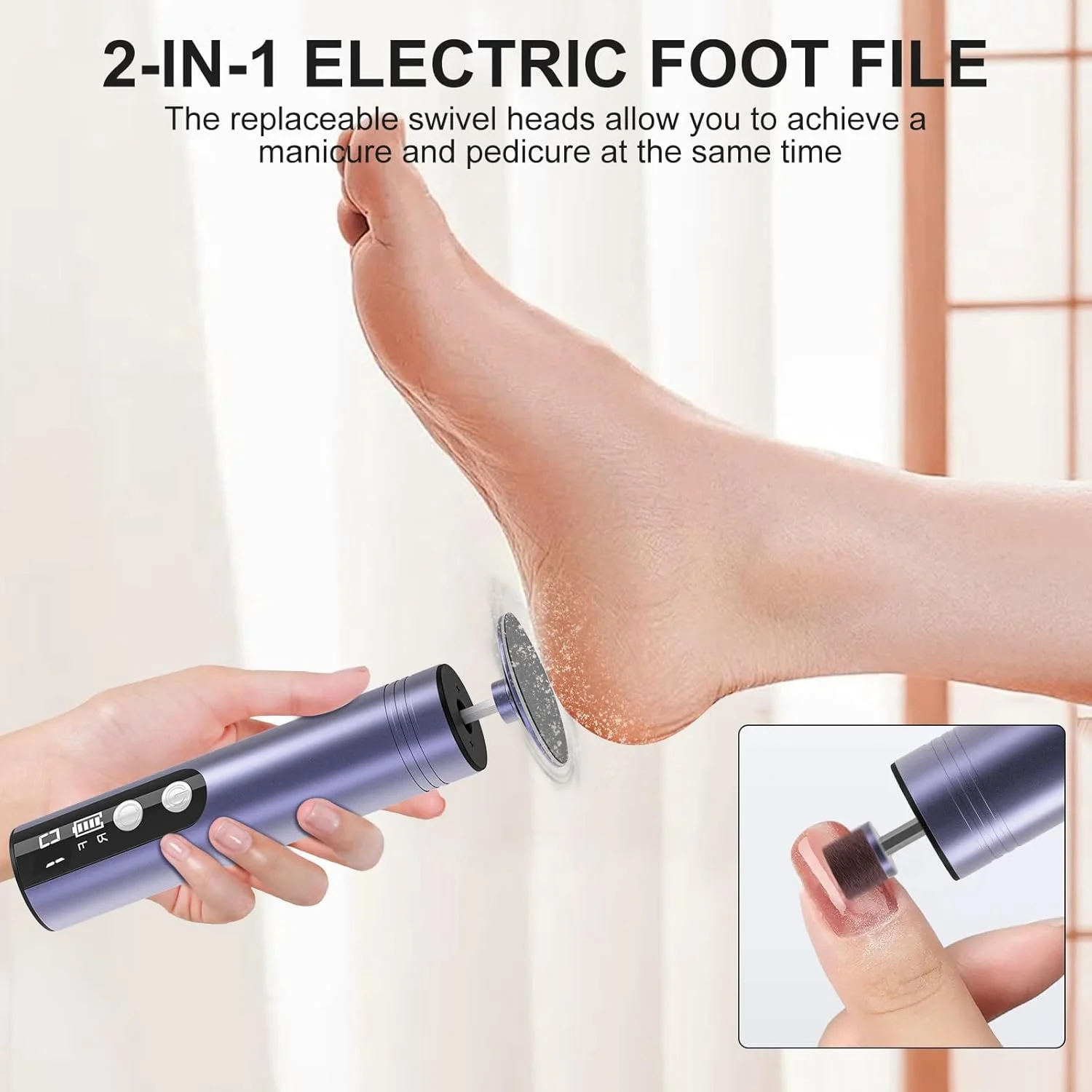 سوهان برقی پا، از بین برنده پوست سفت، دستگاه 2 در 1 برقی از بین برنده پینه پا و آسیاب ناخن، ابزار پدیکور سمباده ای پا برای پوست خشک و مرده پا، پینه های ترک خورده پاشنه پا، 9 سرعت قابل تنظیم، 2000 میلی آمپر قابل شارژ