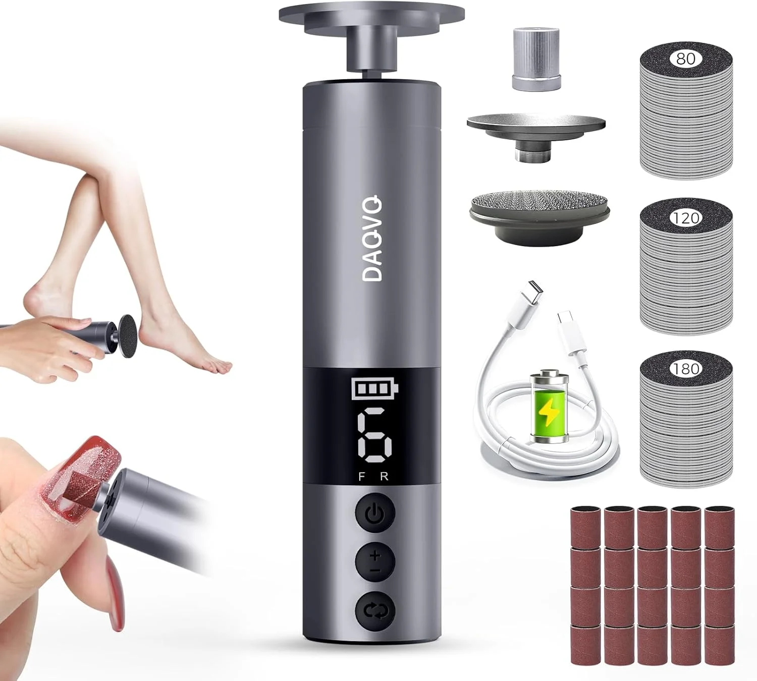 سوهان برقی پدیکور پا با سر نانو گلس و 60 عدد دیسک سمباده (3 سایز)، سوهان برقی 2 در 1 آلومینیومی بدون سیم برای مراقبت از پا و ناخن، ابزار پدیکور با سرعت قابل تنظیم برای پوست مرده - خاکستری