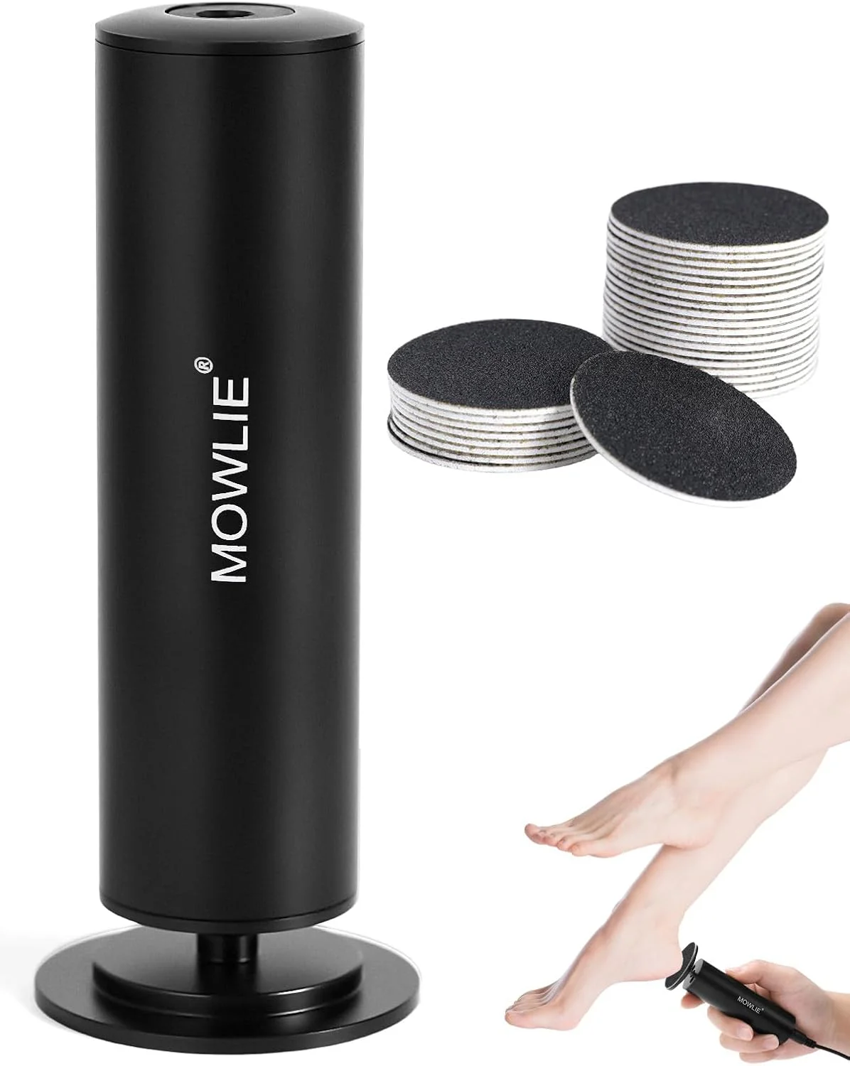 سوهان برقی پا MOWLIE، ابزار مراقبت از پا برقی با کنترل کننده سرعت و 60 عدد دیسک سمباده جایگزین برای از بین بردن پینه، پوست خشک و ترک خورده (مشکی)