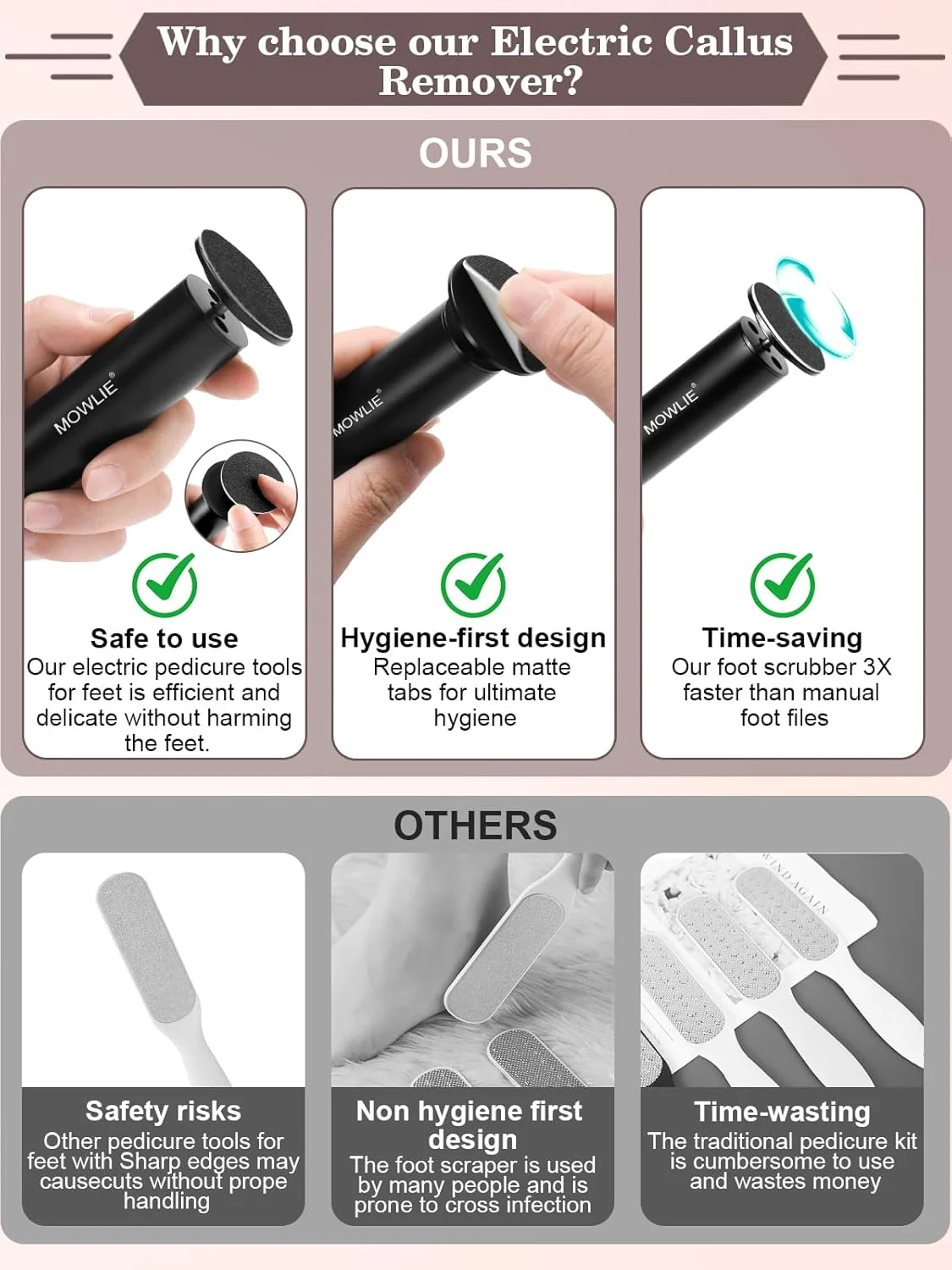 سوهان برقی پا MOWLIE، ابزار مراقبت از پا برقی با کنترل کننده سرعت و 60 عدد دیسک سمباده جایگزین برای از بین بردن پینه، پوست خشک و ترک خورده (مشکی) سوهان برقی پا MOWLIE، ابزار مراقبت از پا برقی با کنترل کننده سرعت و 60 عدد دیسک سمباده جایگزین برای از بین بردن پینه، پوست خشک و ترک خورده (مشکی)