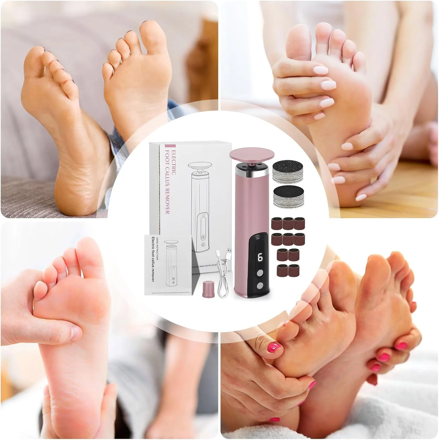 سوهان برقی پا، از بین برنده پوست سفت و پینه پا - ست های پدیکور برقی سوهان پا، لوازم جانبی برش برای از بین بردن پوست خشک، مرده و سفت پا، لایه بردار مراقبت از پا، 6 سرعت قابل تنظیم