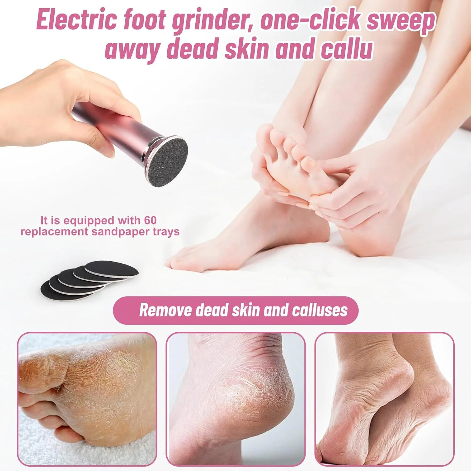 سوهان برقی پا - مینی سنگ پای قابل حمل برای از بین بردن پینه، پوست خشک و مرده، پاشنه های ترک خورده، سوهان برقی پدیکور، سرعت قابل تنظیم، 60 دیسک سمباده ای قابل تعویض، کیت پدیکور مراقبت بهداشتی