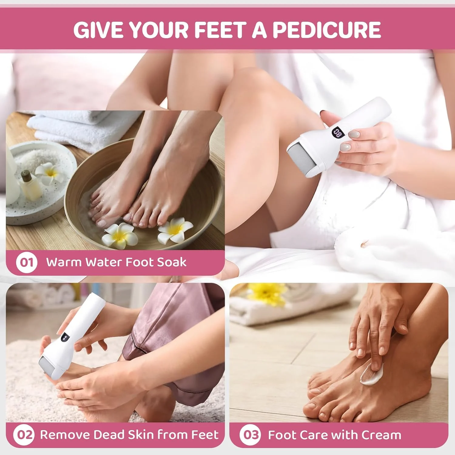 سوهان برقی پا - سوهان برقی پا با 3 سری، اسکرابر پا قابل شارژ 3 سرعته برای مراقبت از پا، مناسب برای پاشنه های ترک خورده و پوست سفت (سفید)