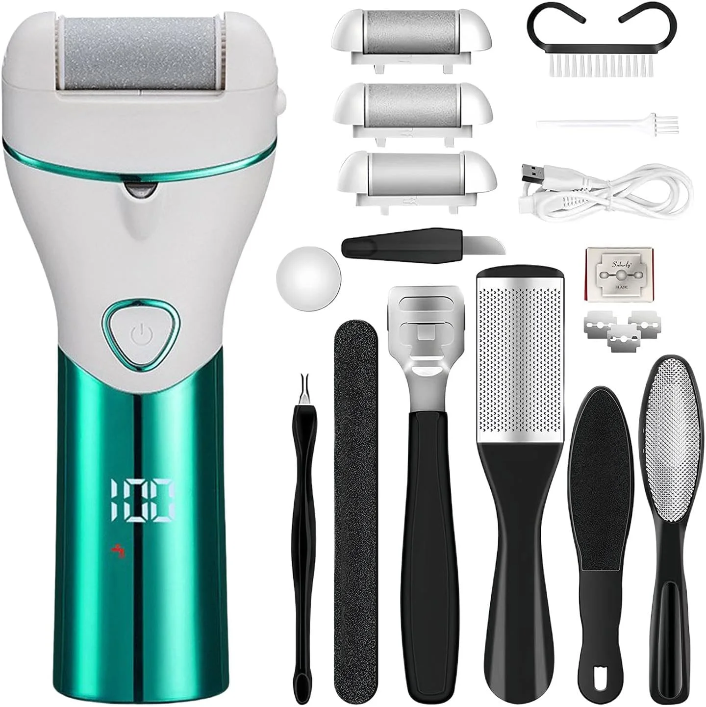 سوهان برقی پدیکور پا - از بین برنده پوست مرده قابل شارژ | کیت مراقبت از پا برقی با 3 سری سنگ زنی برای پوست های خشک، ترک خورده و مرده