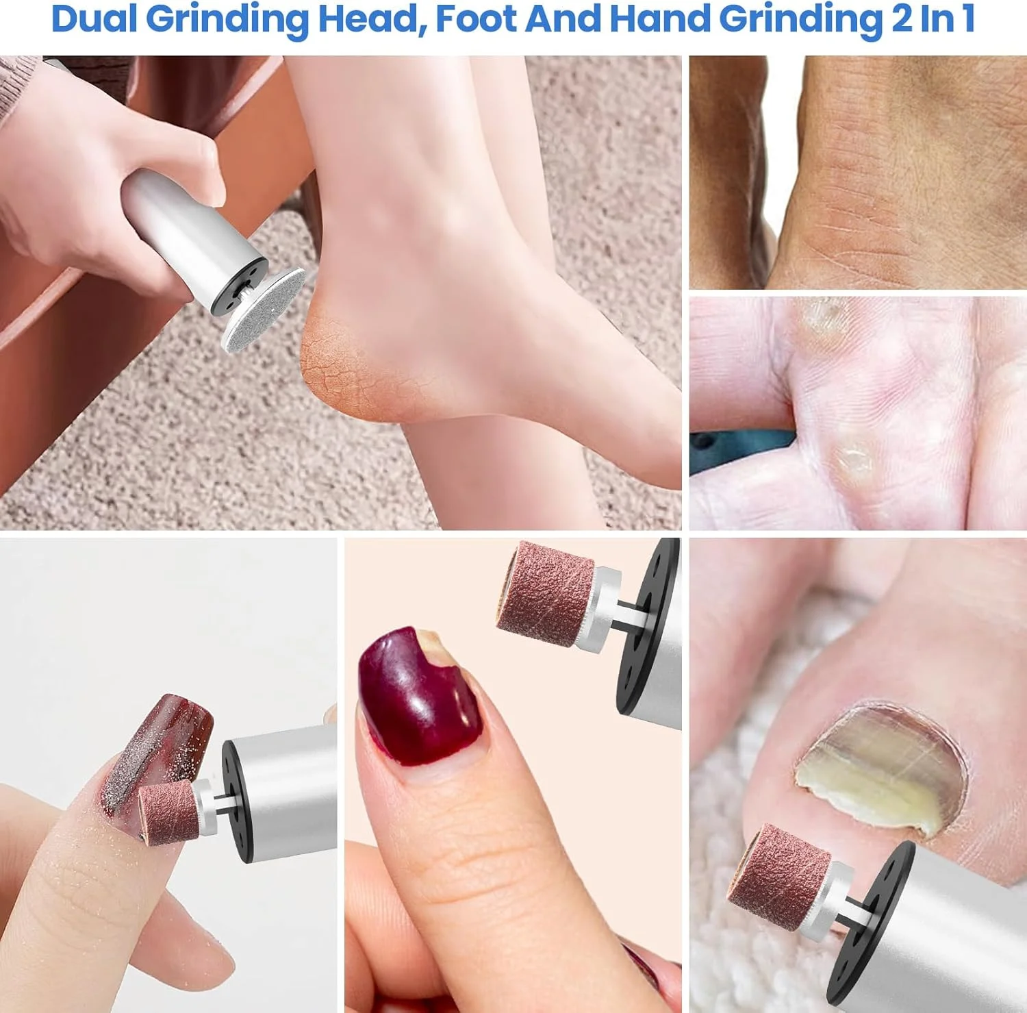 سوهان برقی پا، سوهان برقی ناخن 2 در 1، ابزار پدیکور حرفه ای و شارژی برای از بین بردن پوست خشک و مرده پا به همراه دیسک سمباده، 6 سرعت قابل تنظیم (نقره ای)