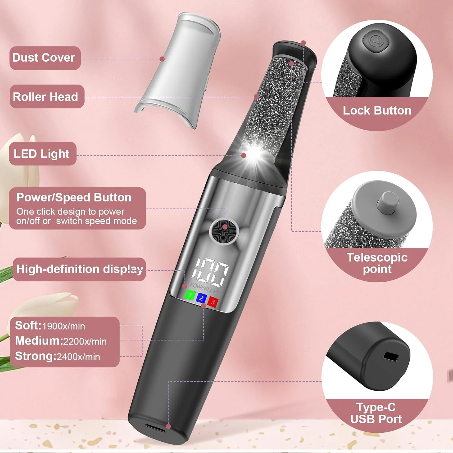 سوهان برقی پدیکور پا، سوهان برقی قابل شارژ برای پدیکور صاف، ابزار حرفه ای پدیکور برای پوست های خشک، مرده، ترک خورده و سخت، کیت مراقبت از پا در خانه برای آقایان و خانم ها