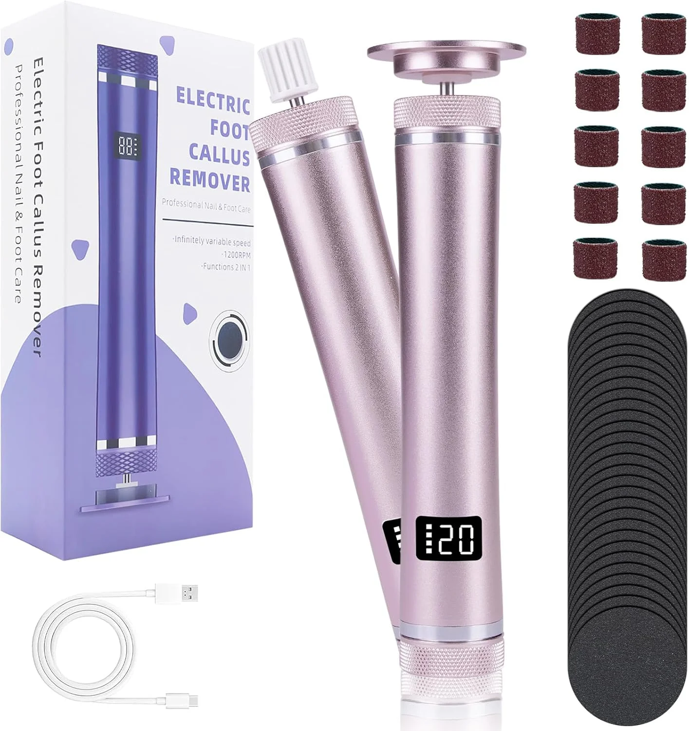 سوهان برقی پینه پا 2 در 1، دارای 6 درجه قابل تنظیم با سرهای سمباده ای قابل تعویض، سوهان برقی حرفه ای و شارژی برای پا، پاشنه و پینه، صورتی