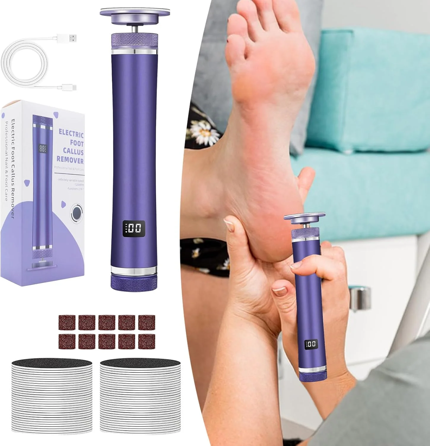 سوهان برقی پینه پا - ابزار از بین بردن پینه پا، اسکرابر پاشنه قابل تنظیم با 12 سرعت قابل شارژ برای مردان، زنان، ورزشکاران، سالمندان، پدیکور خانگی، سالن و اسپا