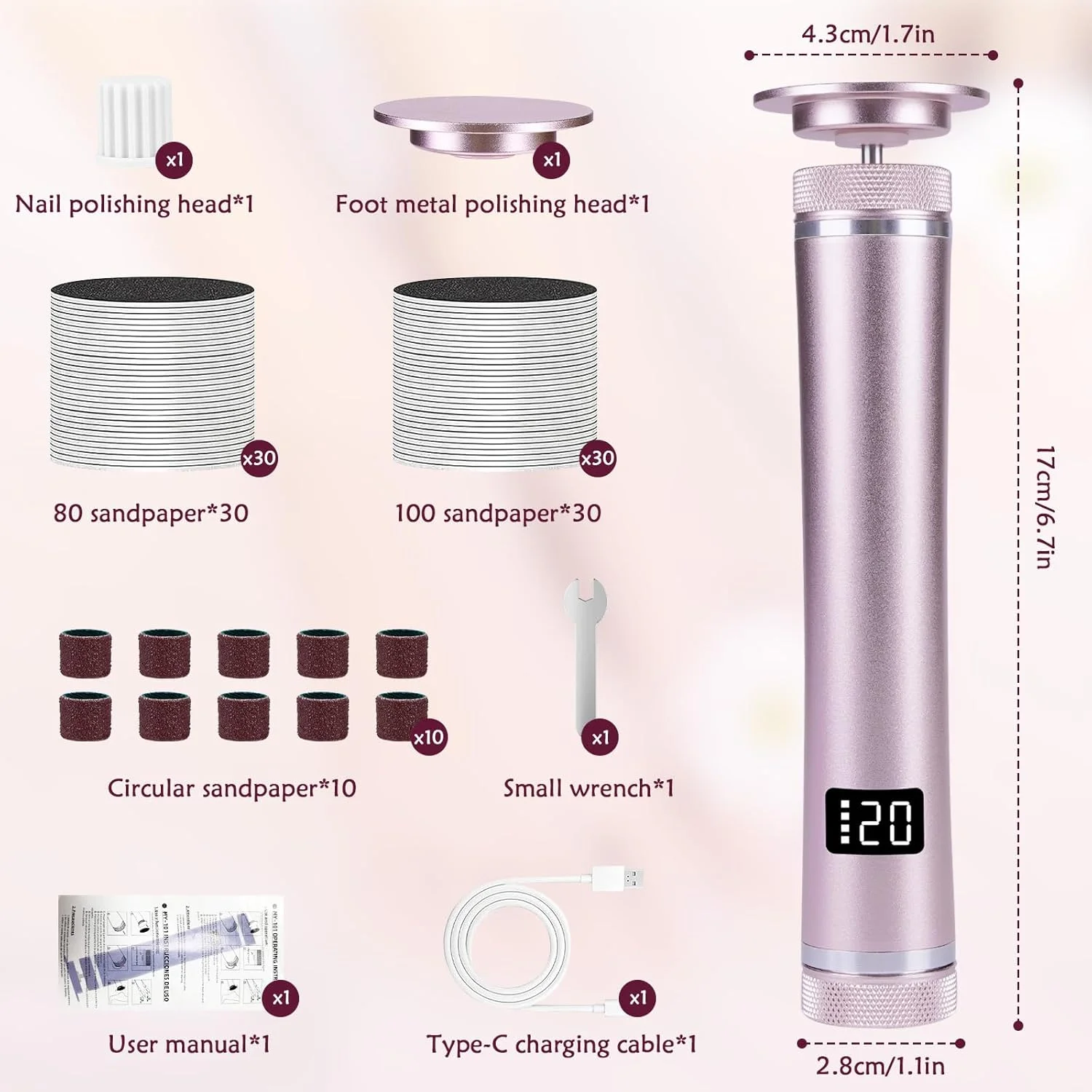 سوهان برقی پینه پا 2 در 1، دارای 6 درجه قابل تنظیم با سرهای سمباده ای قابل تعویض، سوهان برقی حرفه ای و شارژی برای پا، پاشنه و پینه، صورتی