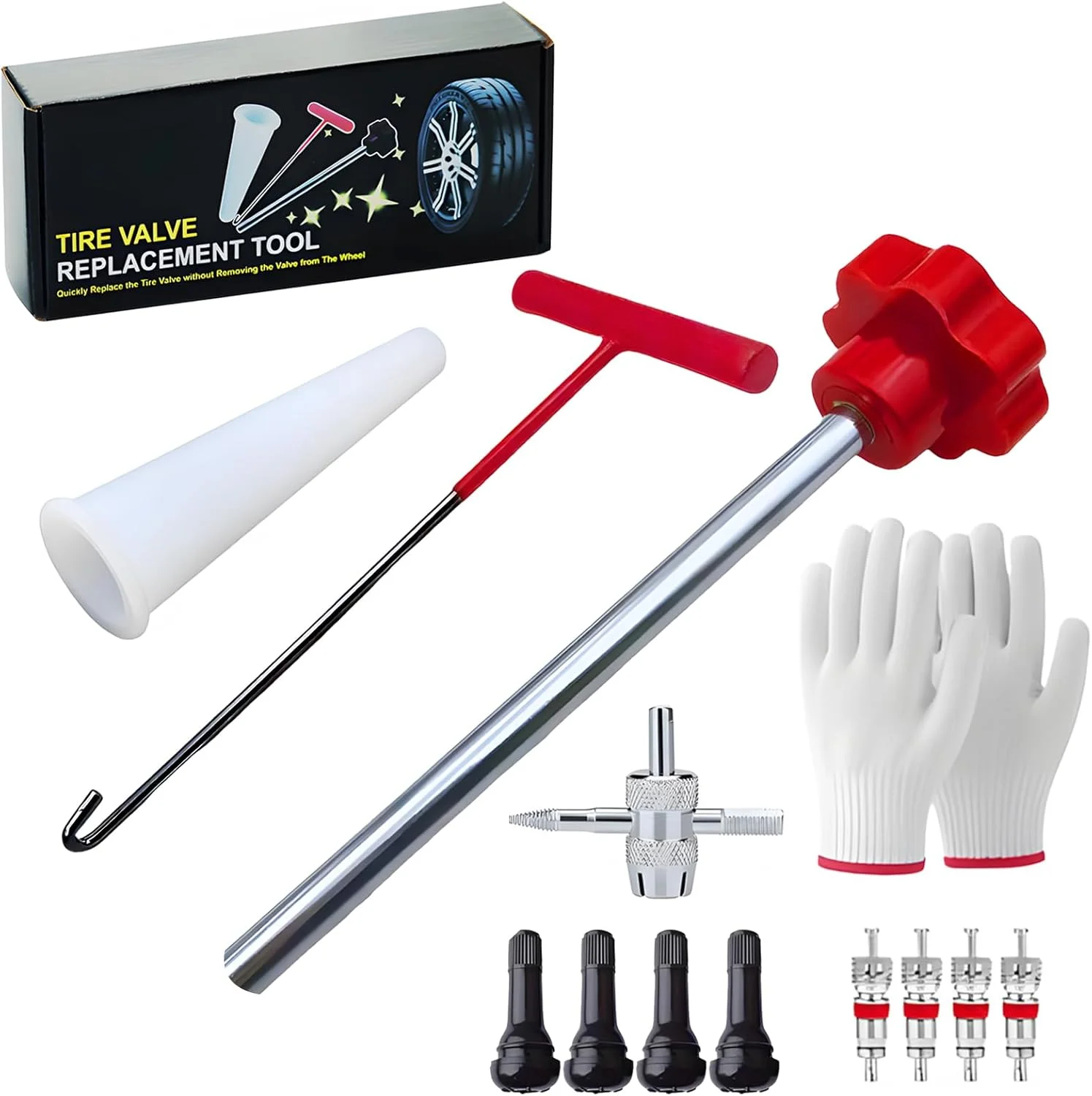 مجموعه ابزار بیرون کشنده والف تایر، مجموعه ابزار نصب والف، شامل بیرون کشنده ساقه، ابزار قلاب، ابزار کمکی و دستکش، مجموعه 7 عددی ابزار تعمیر والف تایر برای خودرو و کامیون