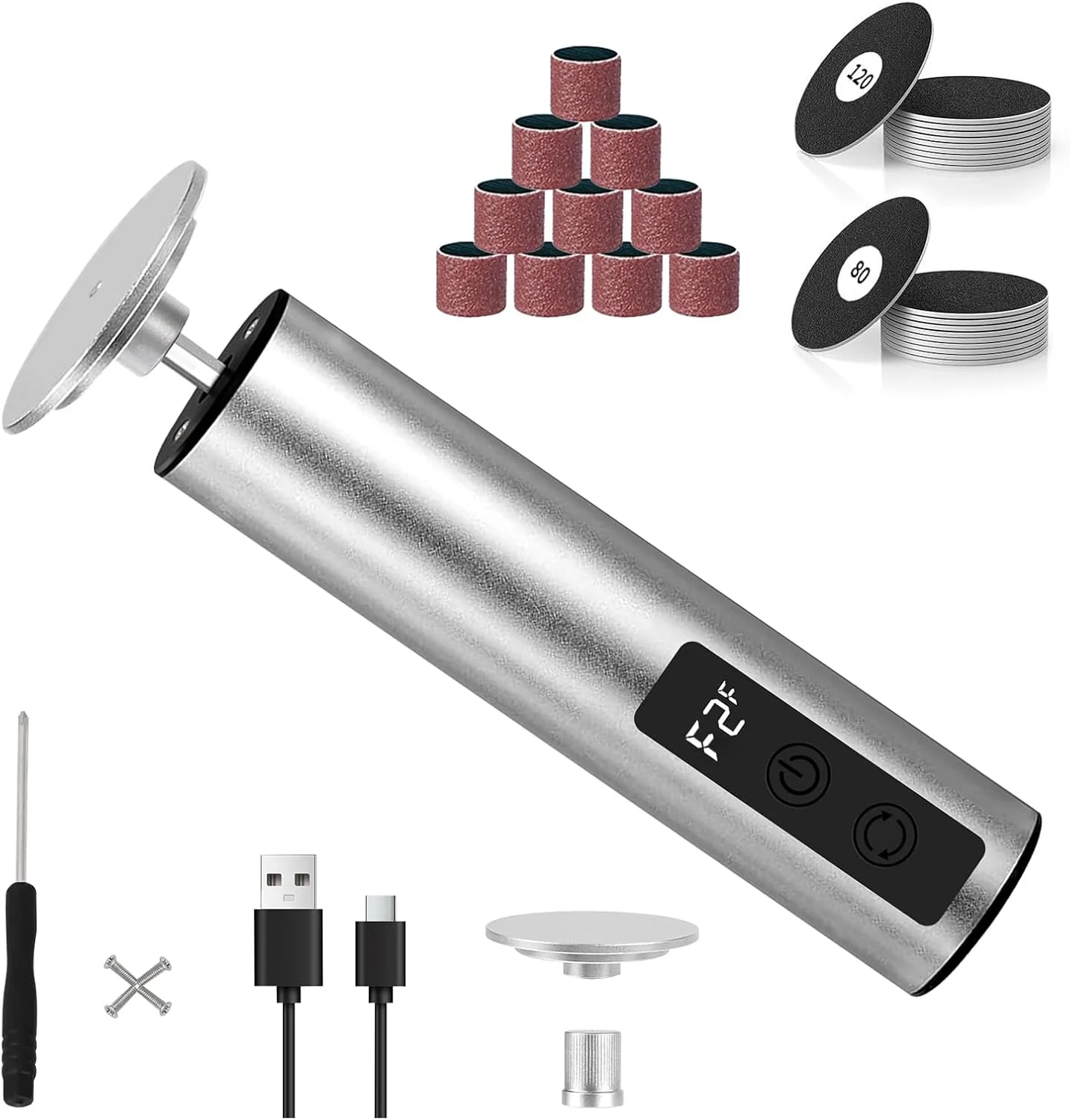 سوهان برقی پدیکور 2 در 1، مجموعه فایل پدیکور حرفه ای با سرعت قابل تنظیم برای پوست های مرده، سخت و ترک خورده، سوهان برقی شارژی پا (نقره ای)