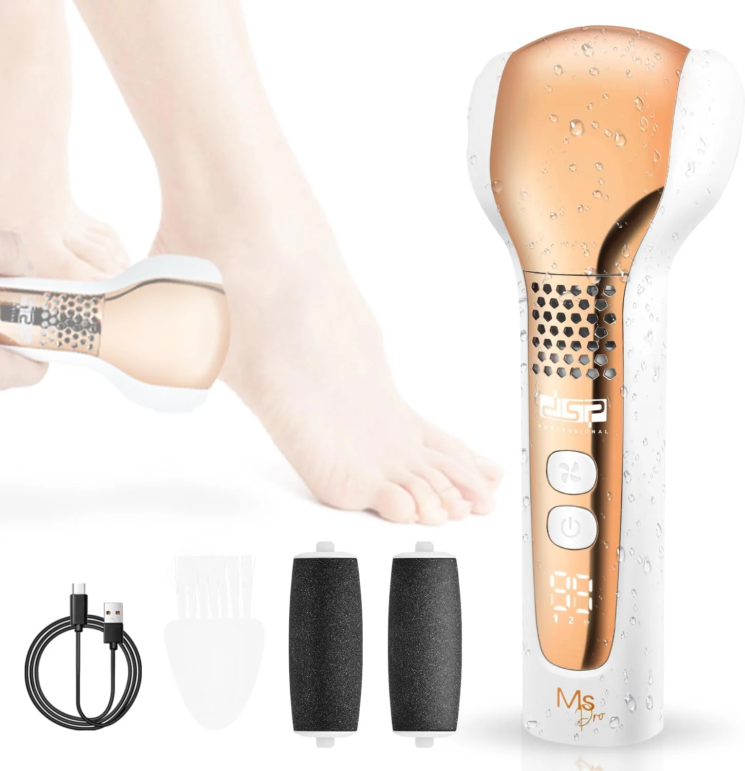 سوهان برقی پدیکور و از بین برنده پینه پا DSP با 2 سرعت، 10000 دور در دقیقه و 3 غلتک - سوهان ضد آب IPX5، 90 دقیقه زمان کارکرد، اسکرابر موثر پا و از بین برنده پینه برای مراقبت از پا