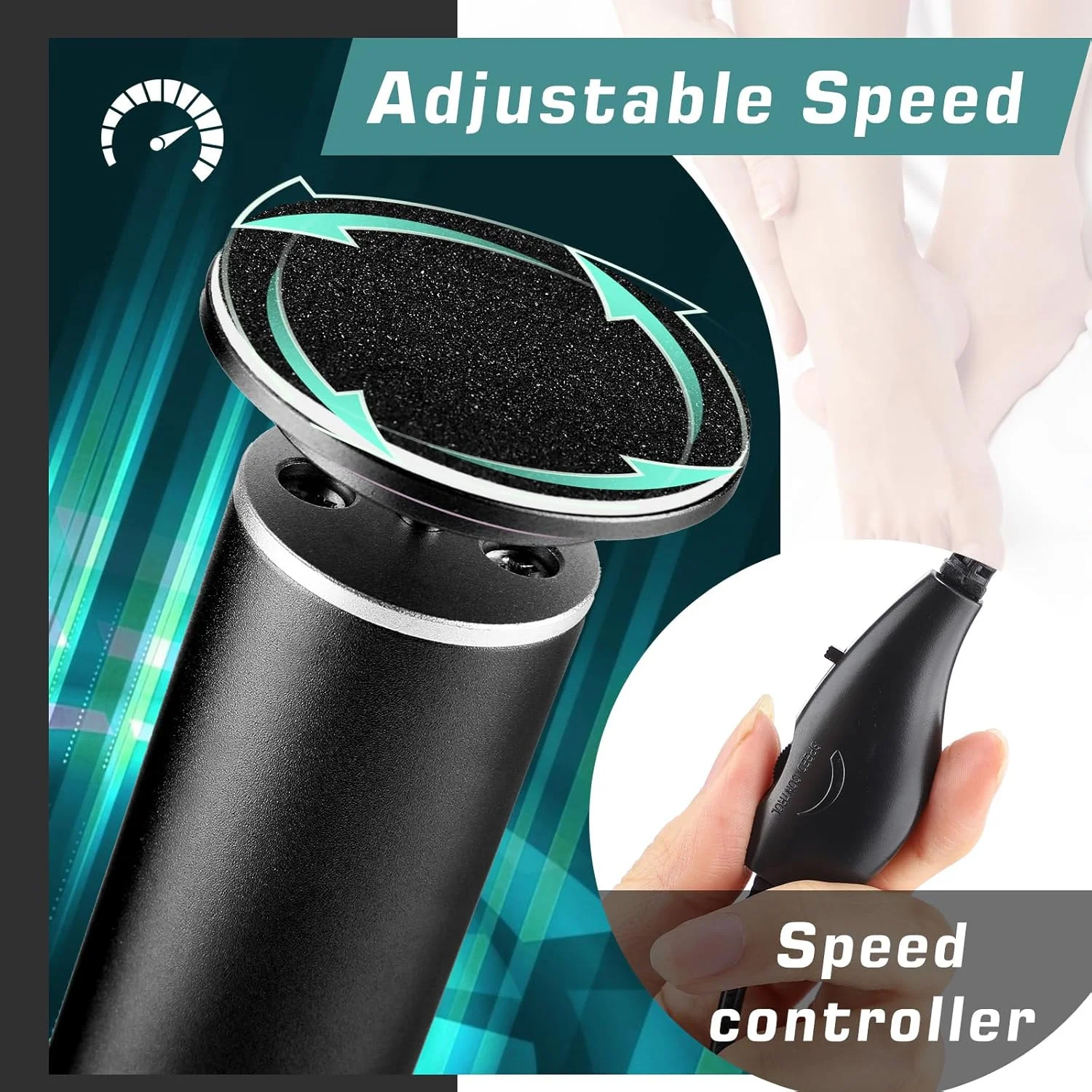 سوهان برقی پدیکور EDI FOLLY، سوهان برقی پا، از بین برنده پینه برقی پا، سمباده برقی پا، سوهان پدیکور پا به همراه 60 عدد دیسک سمباده ای مشکی