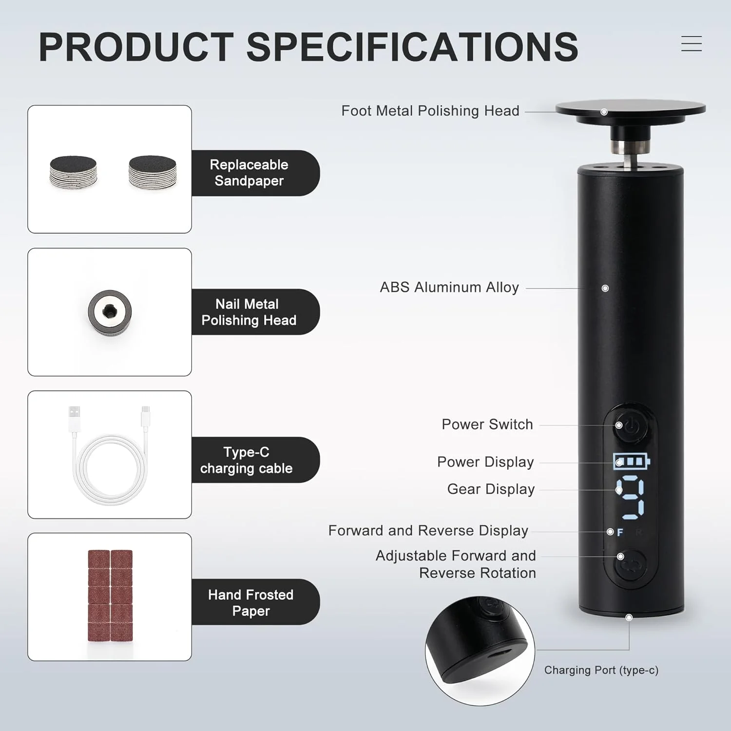 سوهان برقی پا، ابزار پدیکور قابل تنظیم با سرعت قابل شارژ برای از بین بردن پوست مرده پا به همراه دیسک سمباده و سری های دریل ناخن، مجهز به صفحه نمایش دیجیتال (مشکی)