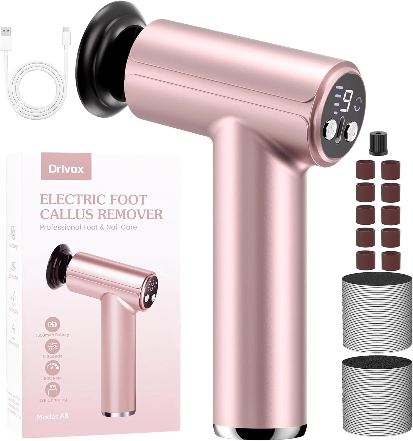 سوهان برقی پدیکور دریووکس، سوهان برقی شارژی 2 در 1 برای پا، ابزار پدیکور با 70 عدد کاغذ سمباده، سوهان حرفه ای پا برای پوست های مرده - صورتی