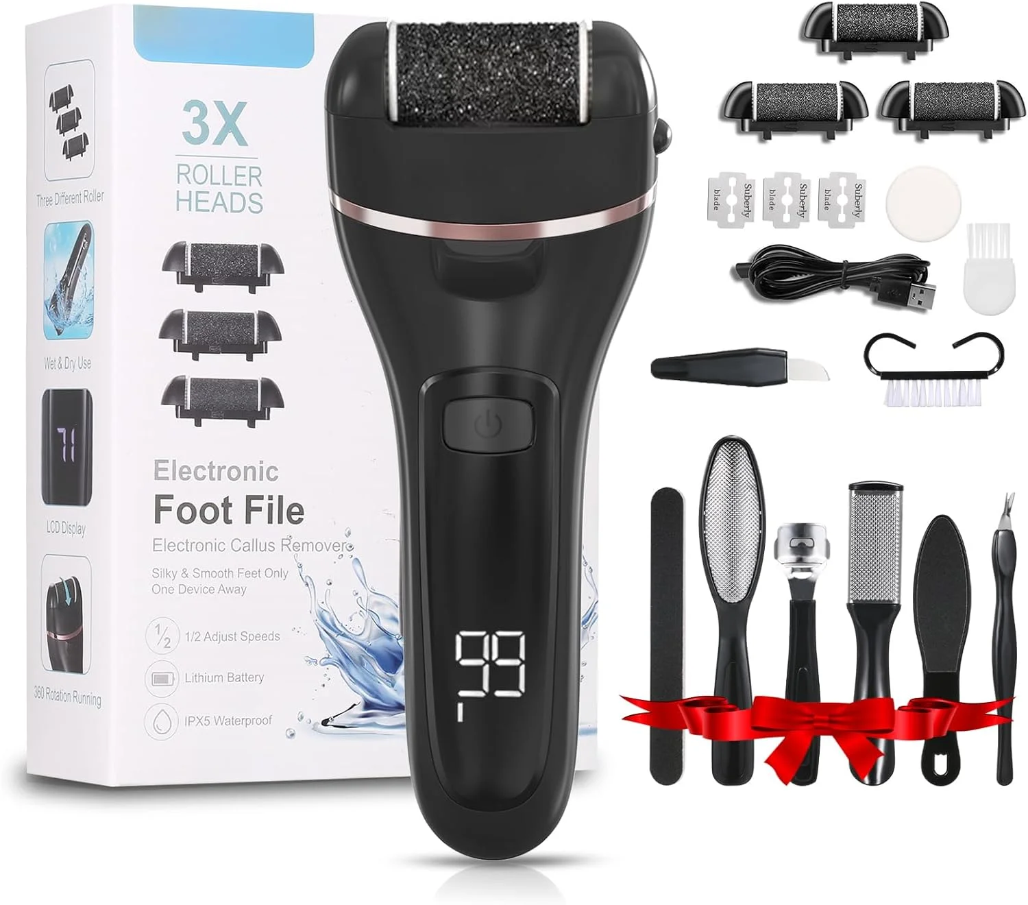 ست از بین برنده پینه پا برقی، آسیاب کننده با نمایشگر دیجیتال، ابزار پدیکور استیل ضد زنگ، کیت مراقبت قابل حمل، سوهان از بین برنده پوست مرده با 2 سرعت