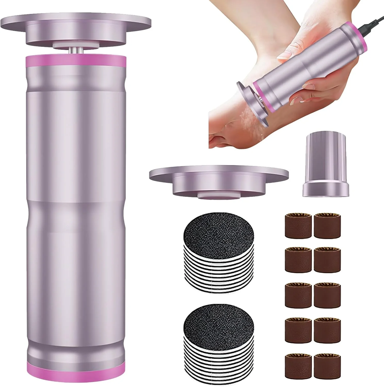 سوهان برقی پا، ست سوهان پدیکور 2 در 1، سرعت قابل تنظیم، پدیکور حرفه ای برای پاشنه های ترک خورده، پینه و پوست مرده (صورتی)