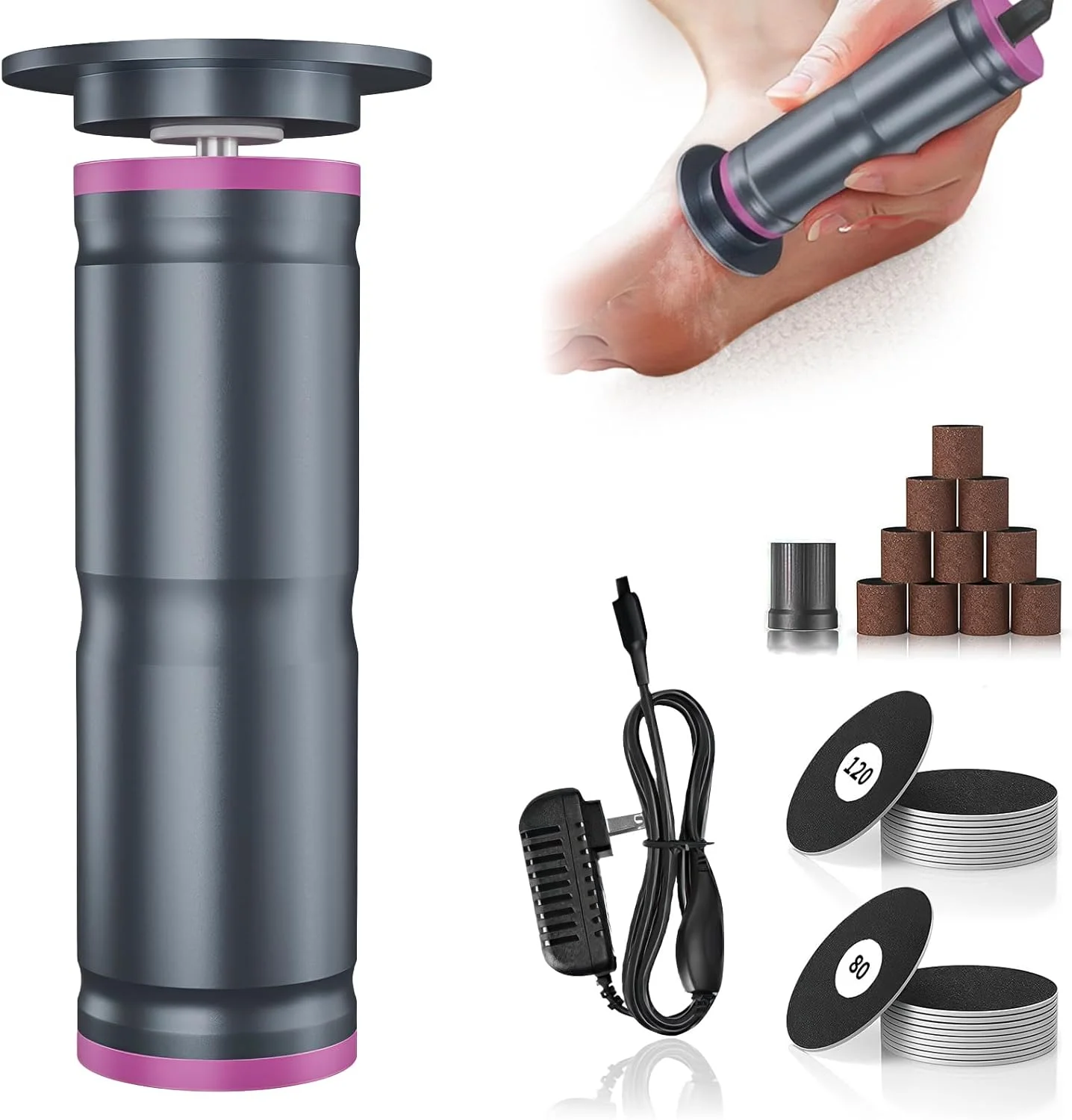 سوهان برقی پینه پا 2 در 1، سوهان برقی پینه پا با 20 عدد کاغذ سنباده و 10 حلقه یخی، سوهان برقی پا برای پوست های مرده و ترک خورده