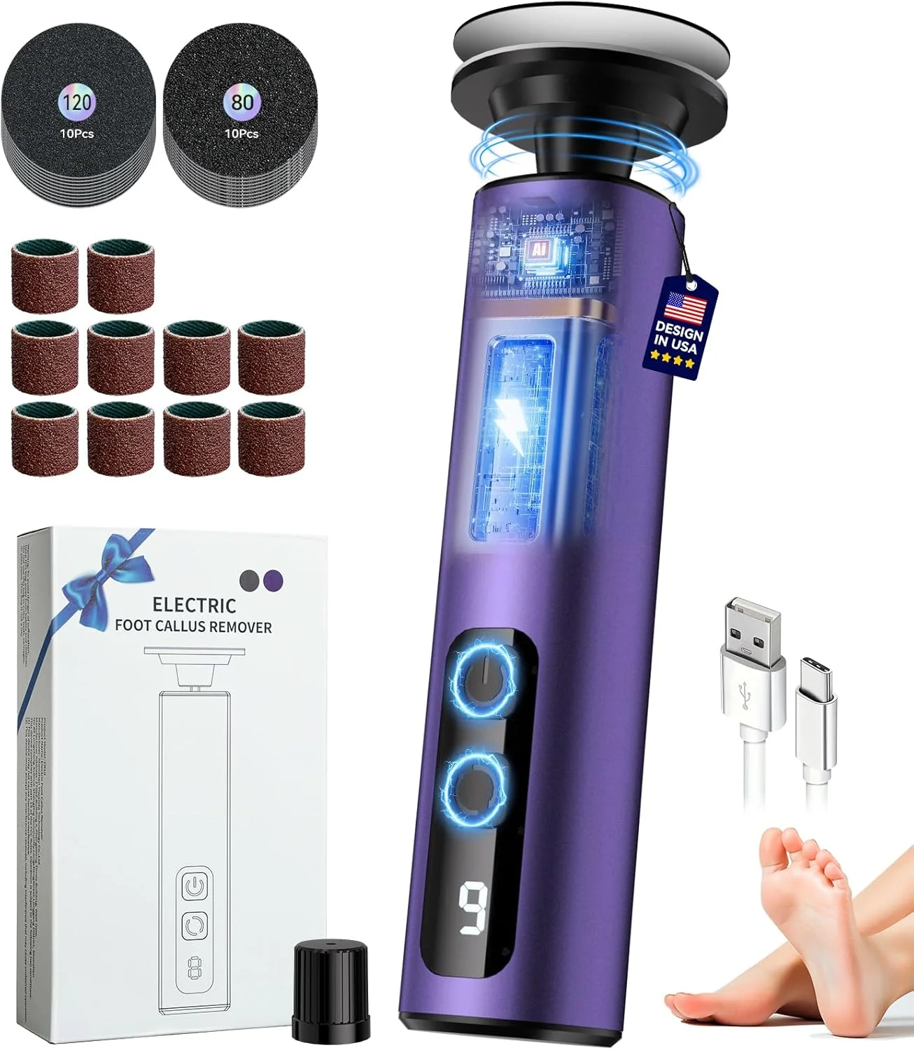 سوهان برقی پدیکور 5 در 1، از بین برنده 99.92% پینه در 3 دقیقه، سوهان برقی پا، فناوری حسگر پا، مناسب برای پوست های ترک خورده و سخت (بنفش)