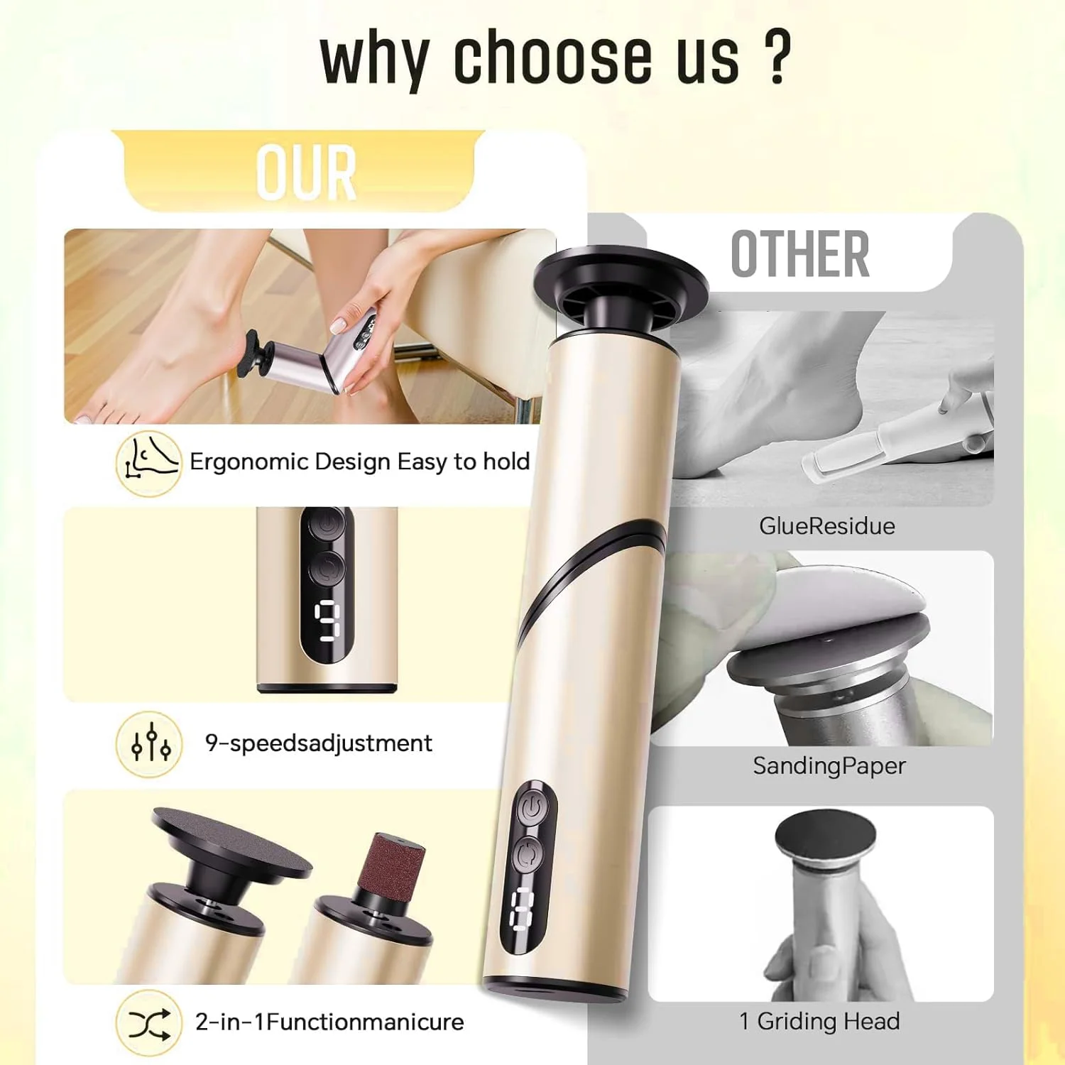 سوهان برقی پدیکور 2 در 1، از بین برنده پینه پا، سوهان برقی پا، ابزار پدیکور با 9 سرعت قابل تنظیم سوهان برقی پدیکور 2 در 1، از بین برنده پینه پا، سوهان برقی پا، ابزار پدیکور با 9 سرعت قابل تنظیم