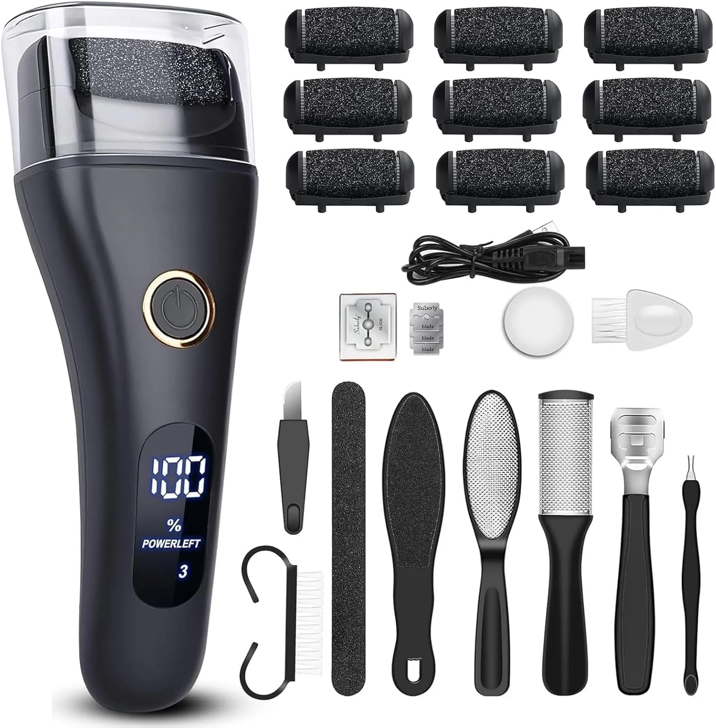 سوهان برقی پا از بین برنده پینه پا - 9 عدد سری سنگ زنی بزرگتر و 3 سرعته، کیت پدیکور اسکرابر پا از بین برنده پوست مرده، کیت مراقبت از پا ابزار پدیکور برای پوست مرده پینه پوست سخت ترک های خشک