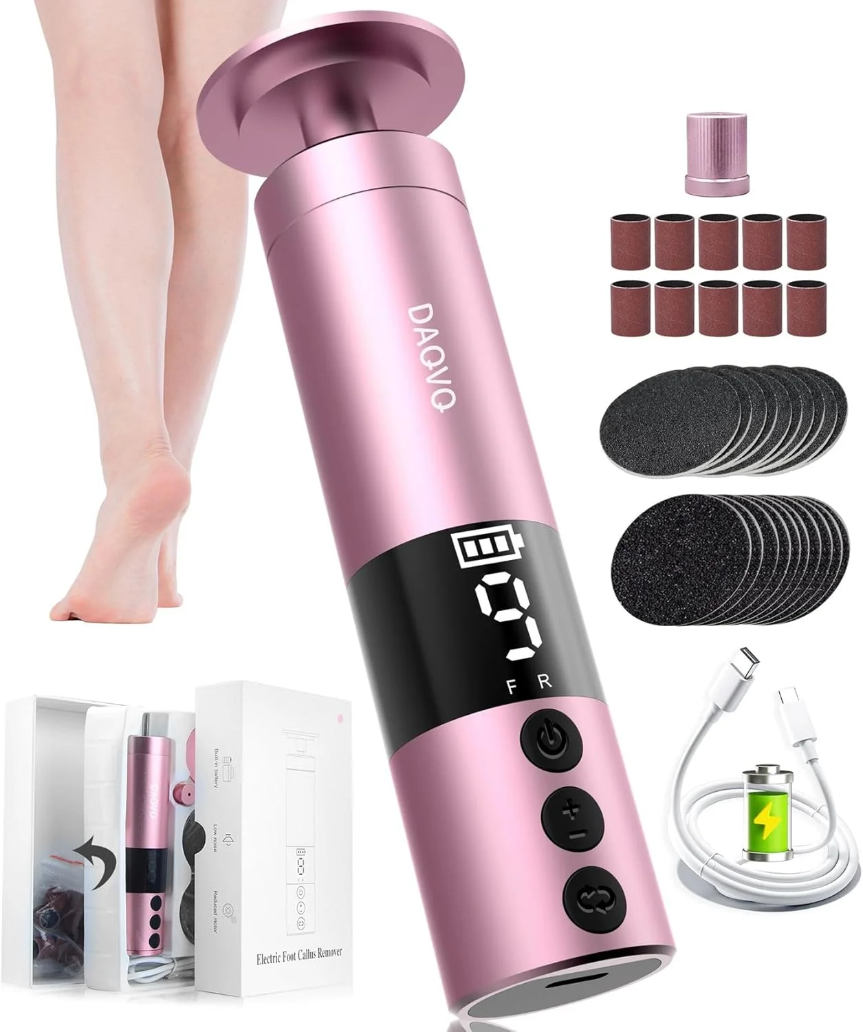 سوهان برقی پینه پا DAQVQ، سوهان برقی 2 در 1 پا/سوهان ناخن، سوهان پای حرفه ای بی سیم با صفحه نمایش دیجیتال، 9 سرعت قابل تنظیم، کیت سوهان پدیکور F/R و نمایشگر باتری - صورتی فلش