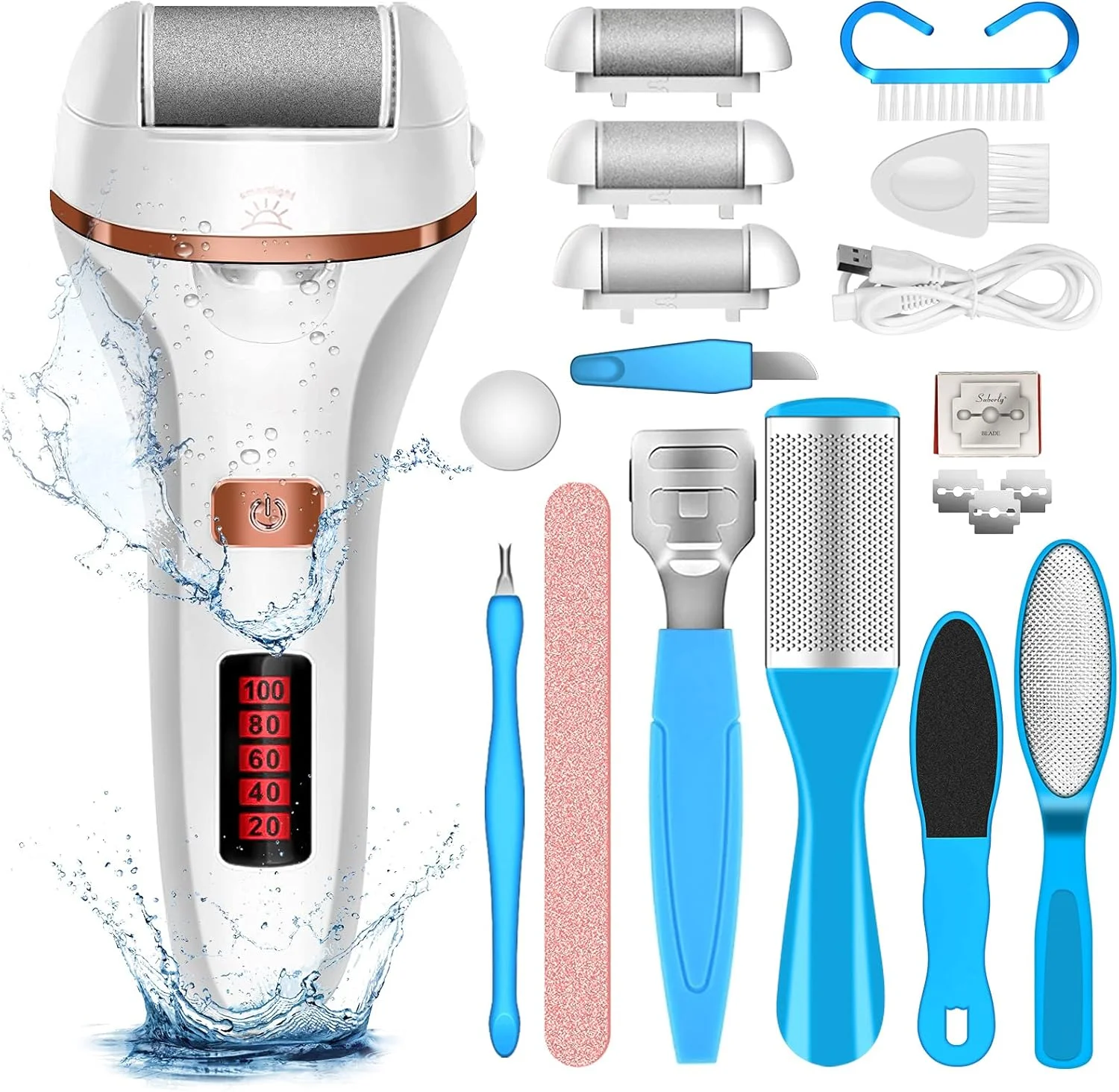 سوهان برقی پا DanByte، کیت ابزار پدیکور شارژی، از بین برنده پینه پا با 3 سری غلتکی، 2 سرعت، نمایشگر برای از بین بردن پاشنه های ترک خورده، پینه ها و پوست سخت