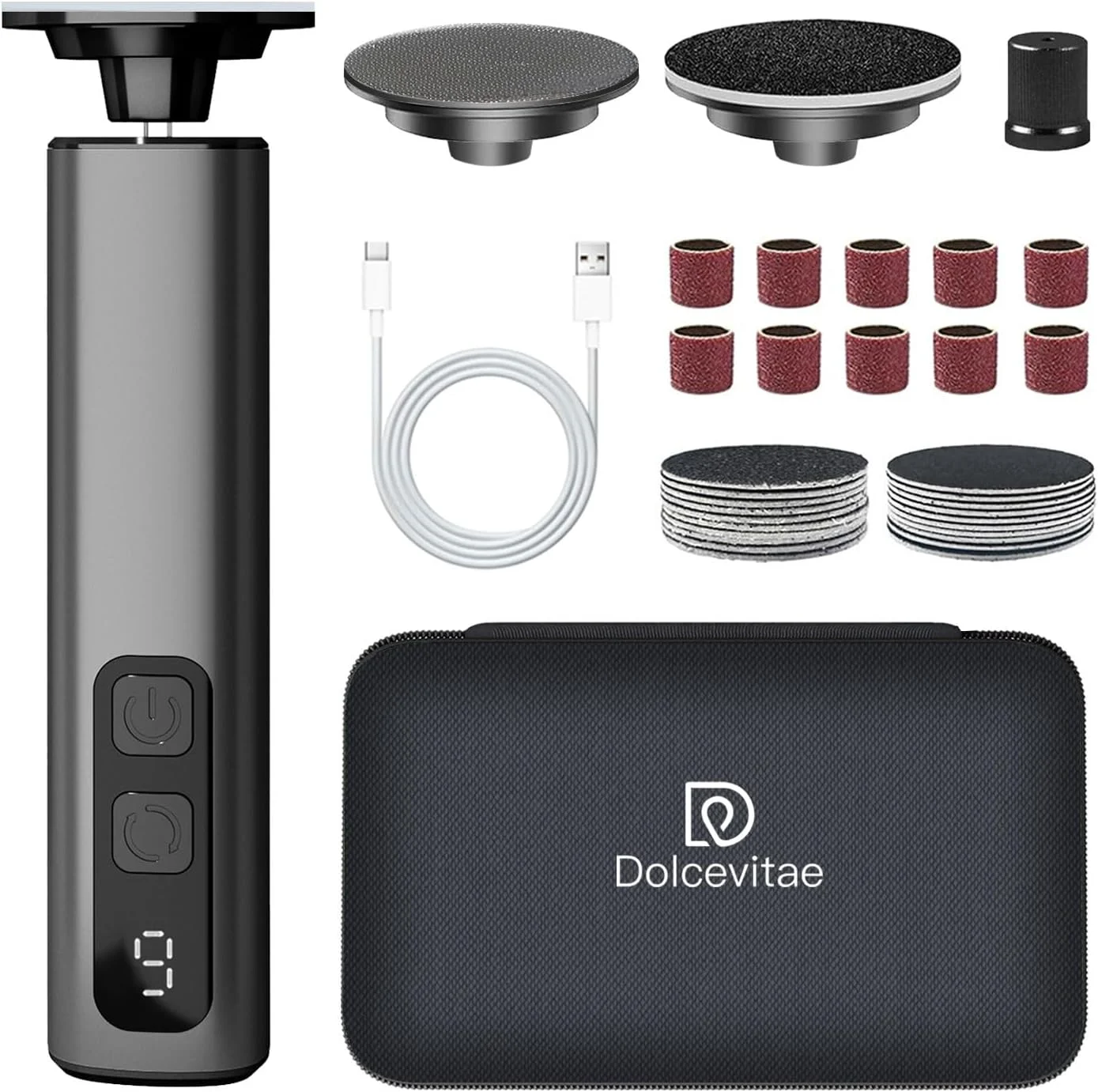 سوهان برقی پدیکور پا Dolcevitae - دارای 9 سرعت با دیسک سنگ زنی کریستال شیشه ای و جعبه نگهداری، 20 عدد کاغذ سنباده 80/120، 10 سری ناخن، شارژ سریع Type-C برای پوست های مرده