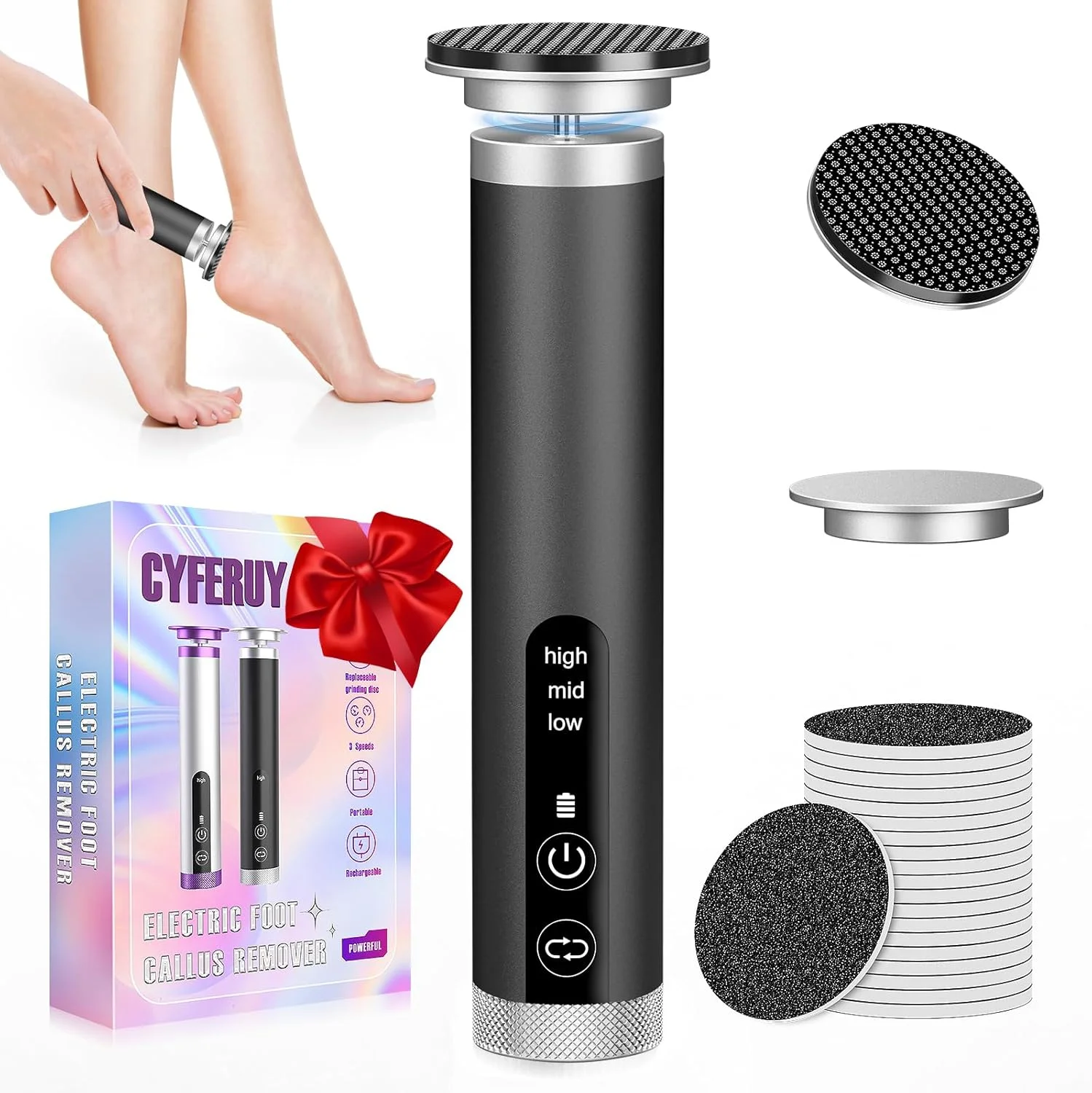 سوهان برقی پدیکور سایفروی - سوهان الکترونیکی پا با سر شیشه نانو به همراه 20 عدد کاغذ سمباده، سوهان برقی قابل حمل برای پا، ابزار پدیکور موثر برای از بین بردن پوست مرده و پینه پا