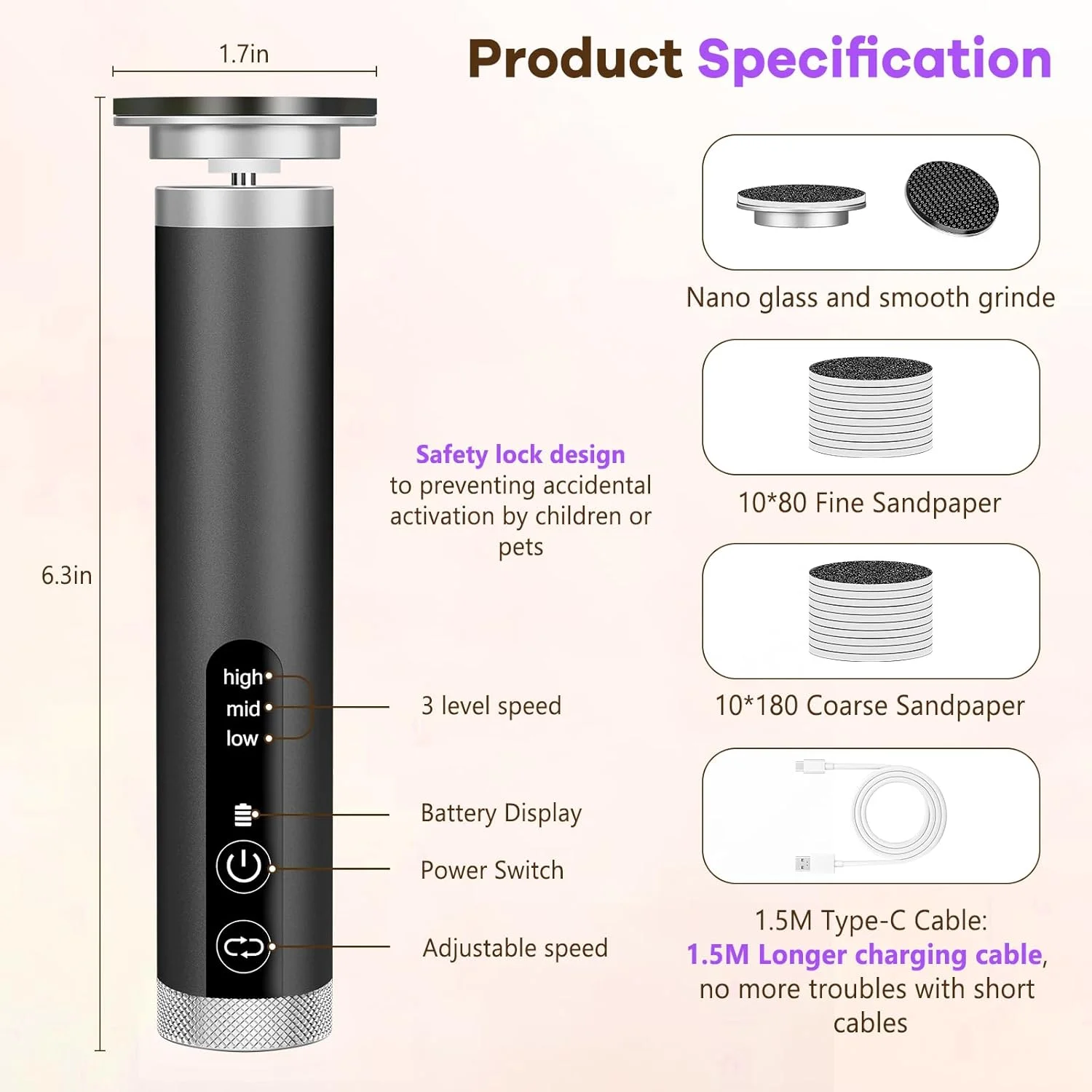 سوهان برقی پدیکور سایفروی - سوهان الکترونیکی پا با سر شیشه نانو به همراه 20 عدد کاغذ سمباده، سوهان برقی قابل حمل برای پا، ابزار پدیکور موثر برای از بین بردن پوست مرده و پینه پا
