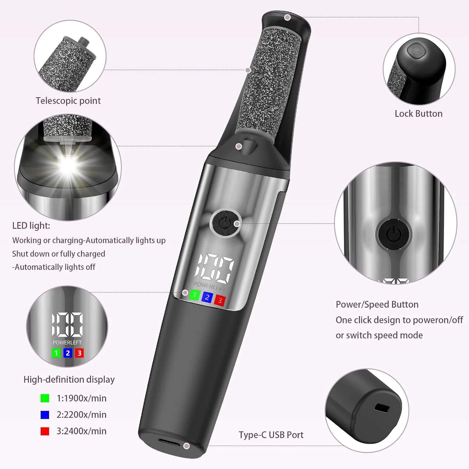 سوهان برقی پدیکور پا Conhaze، سوهان پدیکور شارژی صاف کننده پا، ابزار حرفه ای پدیکور برای پوست های خشک، مرده، ترک خورده و سخت، کیت مراقبت از اسپا پا در خانه برای آقایان و خانم ها