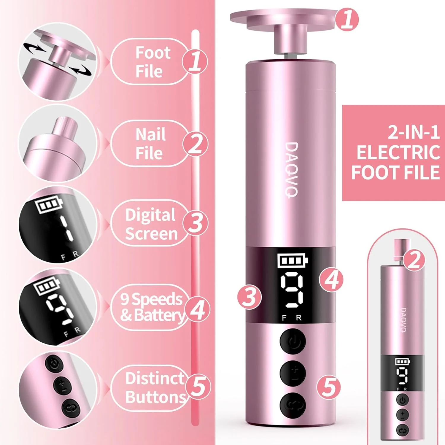 سوهان برقی پینه پا DAQVQ، سوهان برقی 2 در 1 پا/سوهان ناخن، سوهان پای حرفه ای بی سیم با صفحه نمایش دیجیتال، 9 سرعت قابل تنظیم، کیت سوهان پدیکور F/R و نمایشگر باتری - صورتی فلش سوهان برقی پینه پا DAQVQ، سوهان برقی 2 در 1 پا/سوهان ناخن، سوهان پای حرفه ای بی سیم با صفحه نمایش دیجیتال، 9 سرعت قابل تنظیم، کیت سوهان پدیکور F/R و نمایشگر باتری - صورتی فلش